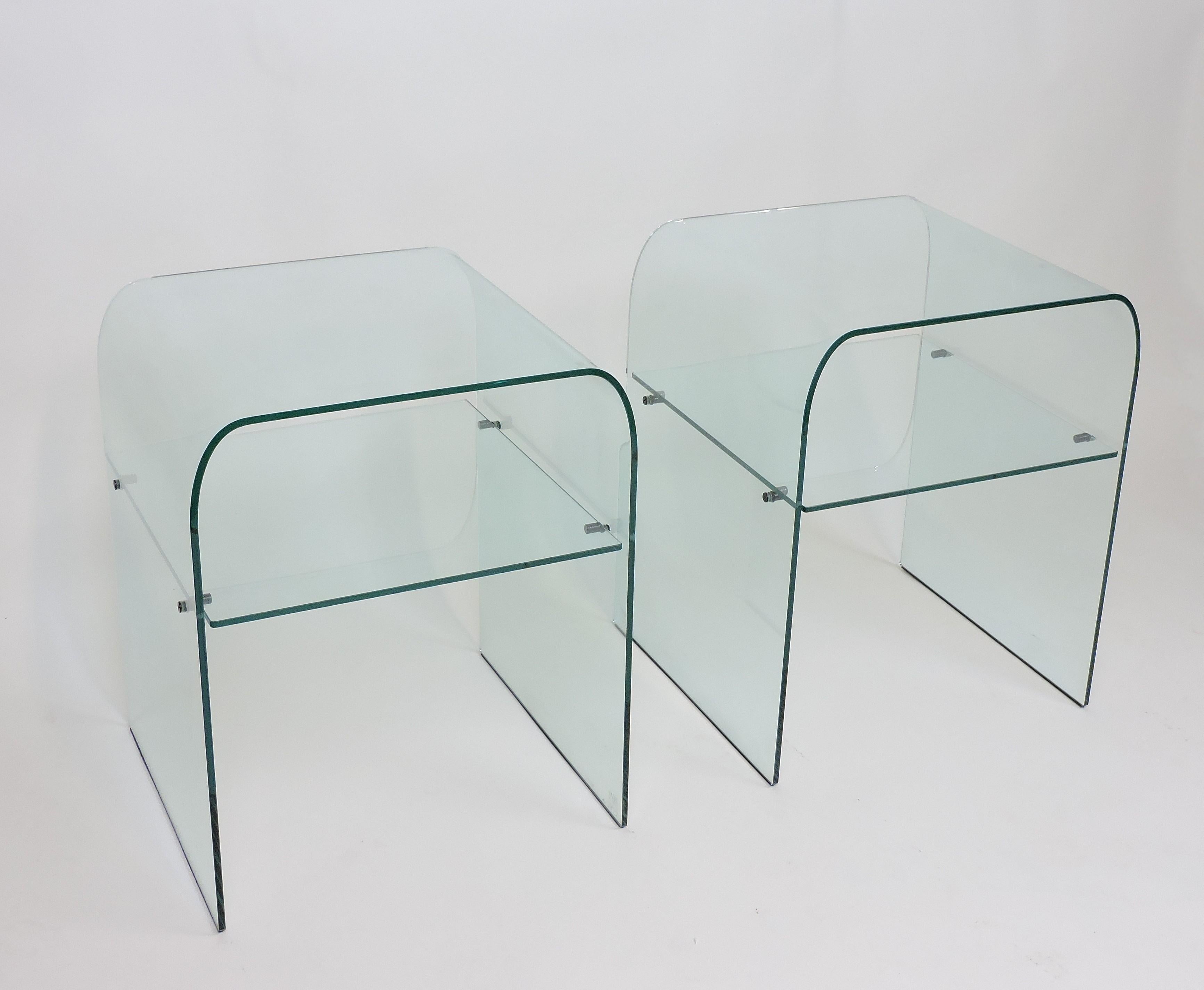 Minimalist Set of Two FIAM Italia Clear Glass End Tables or Nightstands with Shelves