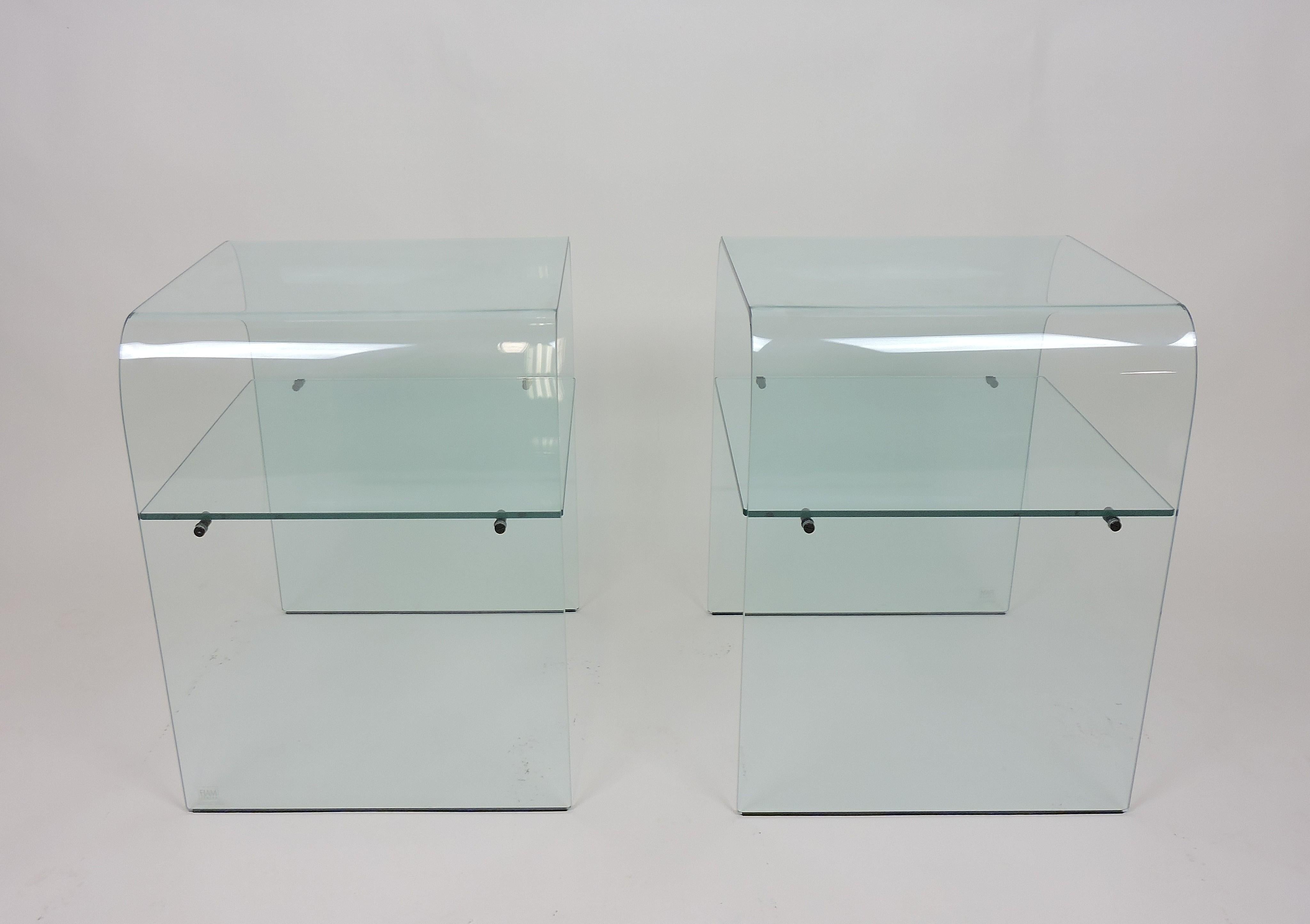 Italian Set of Two FIAM Italia Clear Glass End Tables or Nightstands with Shelves