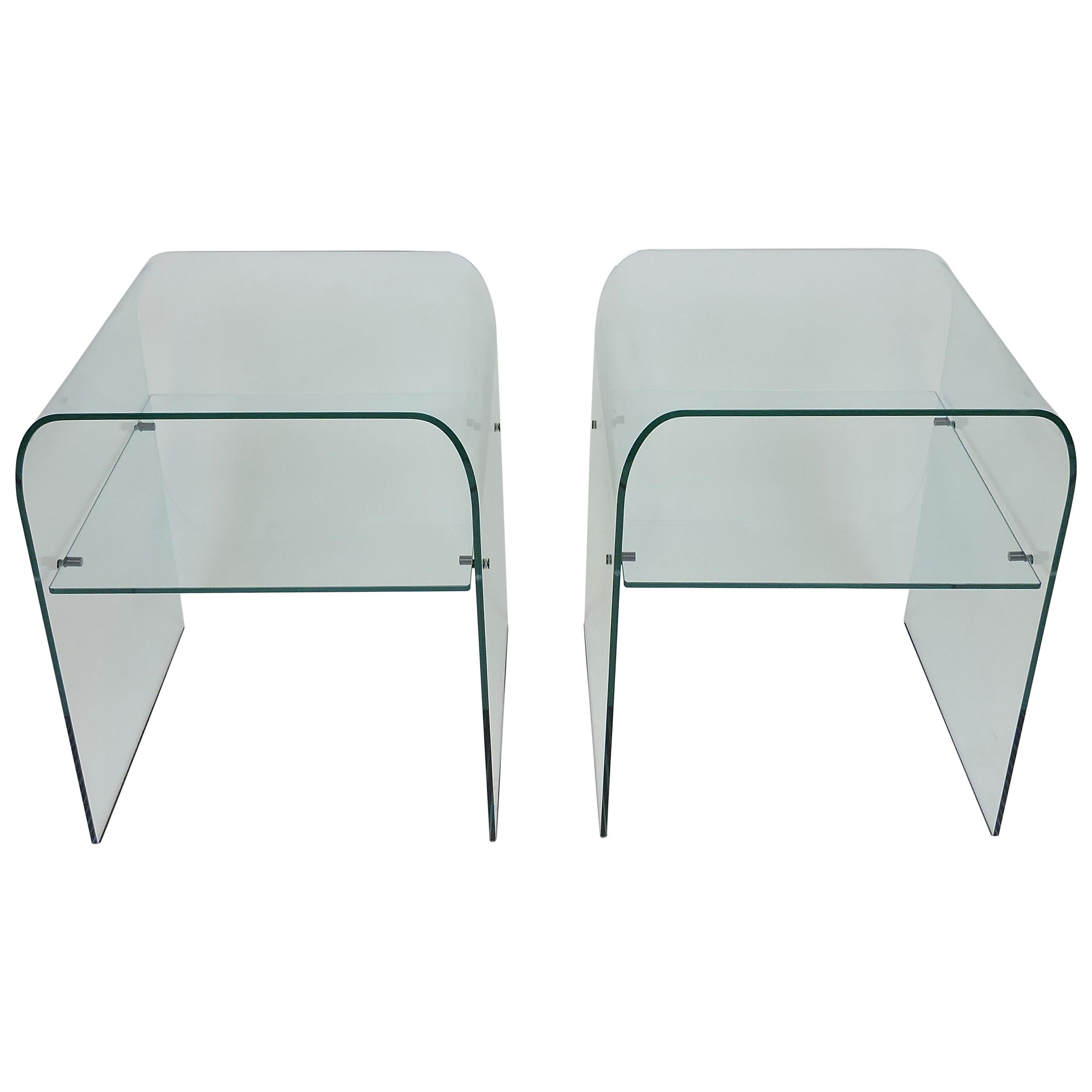 Set of Two FIAM Italia Clear Glass End Tables or Nightstands with Shelves