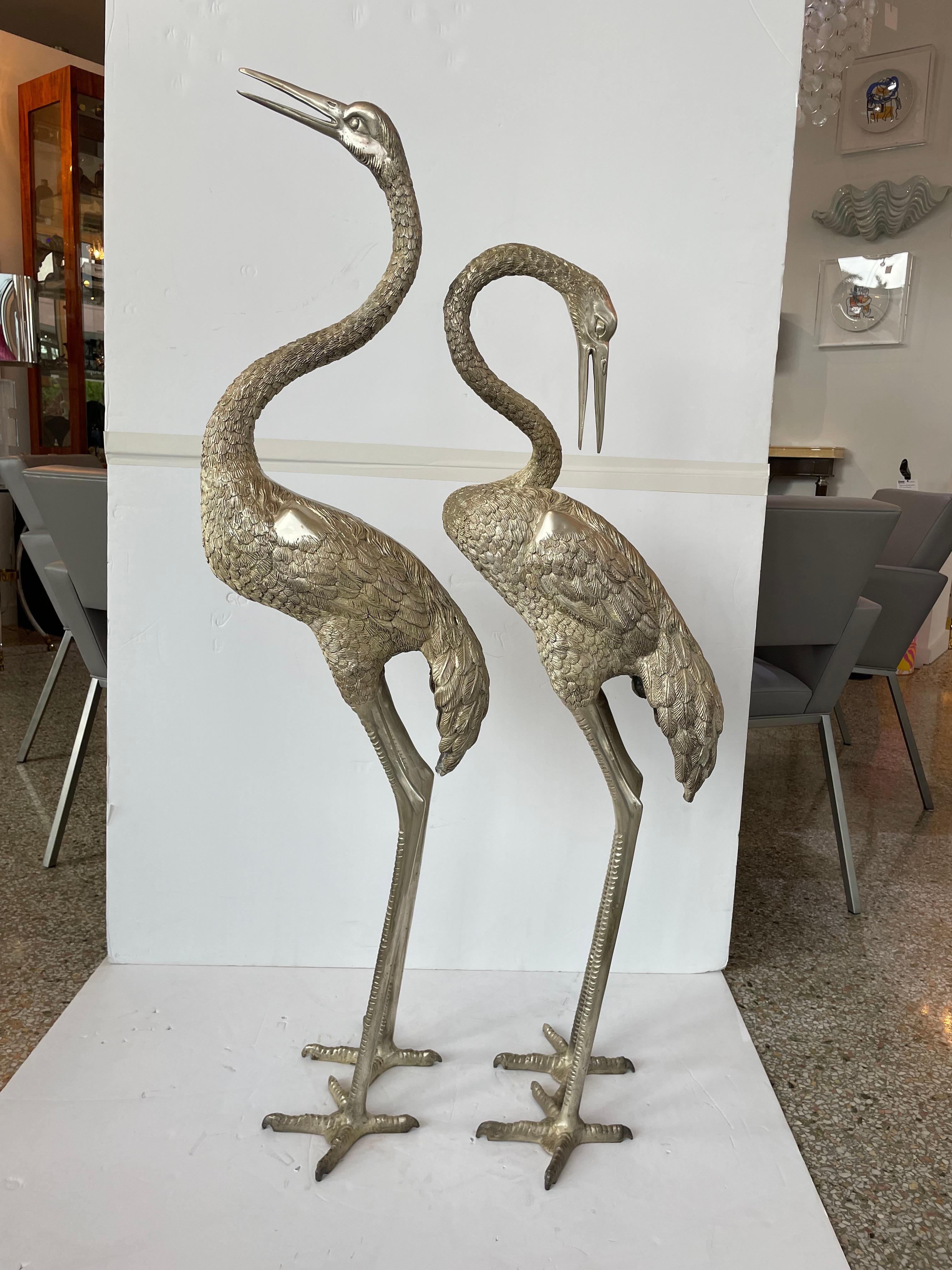 Hollywood Regency Set of Two Figures of Cranes in Patinated Nickel