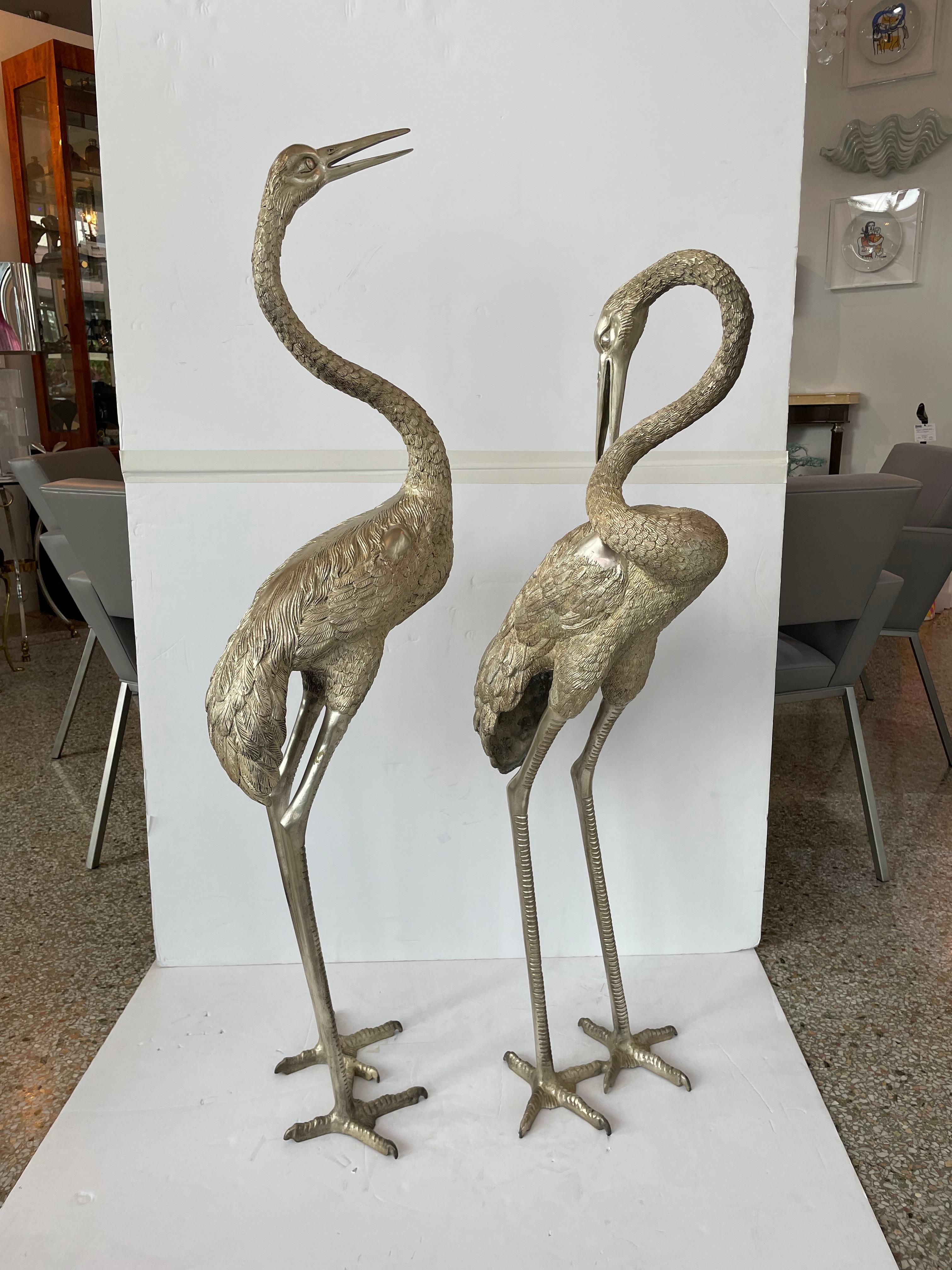 Cast Set of Two Figures of Cranes in Patinated Nickel
