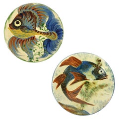 Set of Two Fish Decorated Ceramic Wall Plates by Puigdemont 