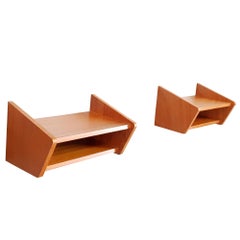 Set of Two Floating Teak Wooden Bedside Tables Nightstands or Shelves