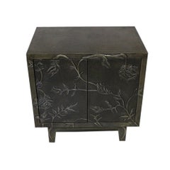 Set of Two Floral Nightstands Hand Hammered in Antiqued White Bronze
