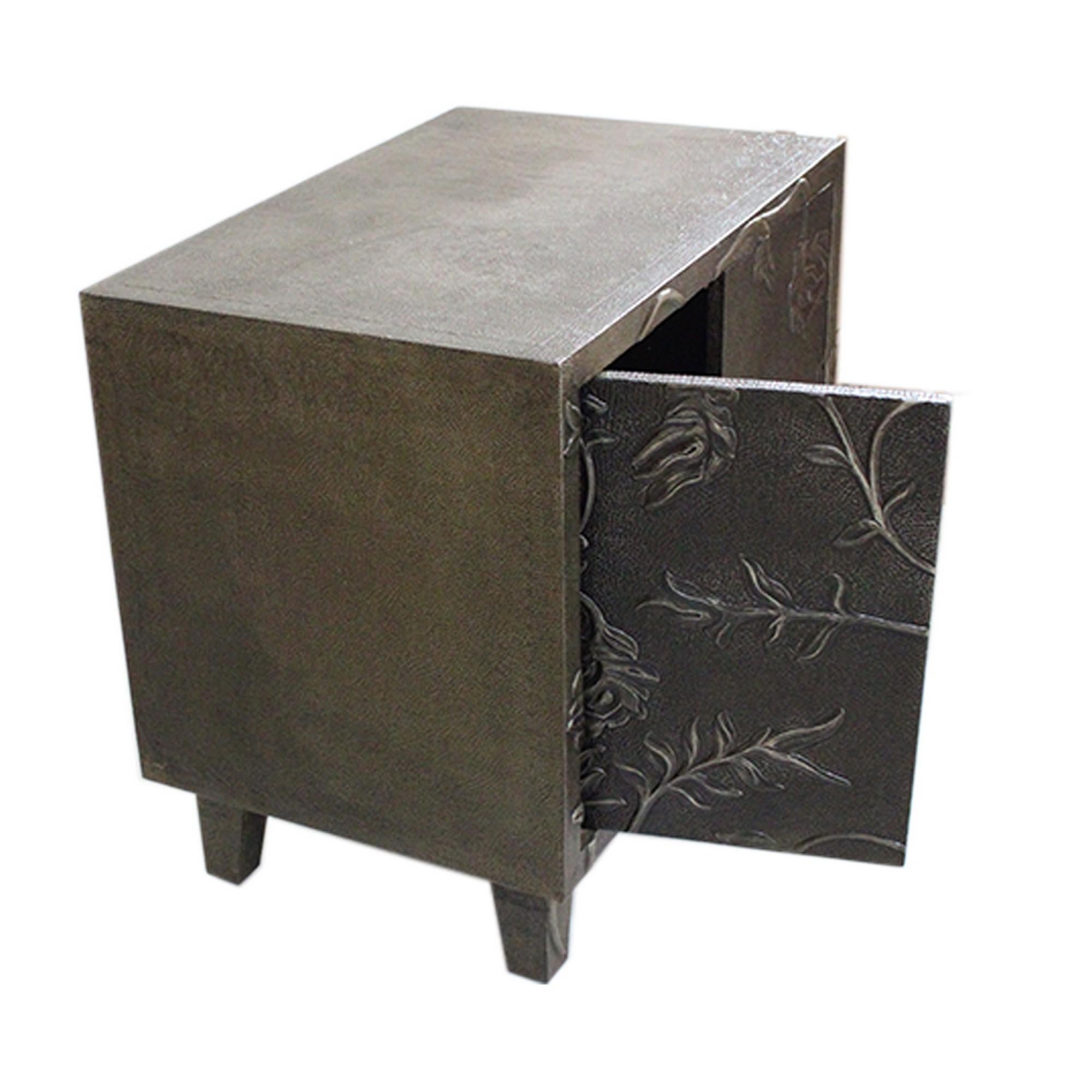 Metal Set of Two Floral Nightstands Hand Hammered in Antiqued White Bronze For Sale