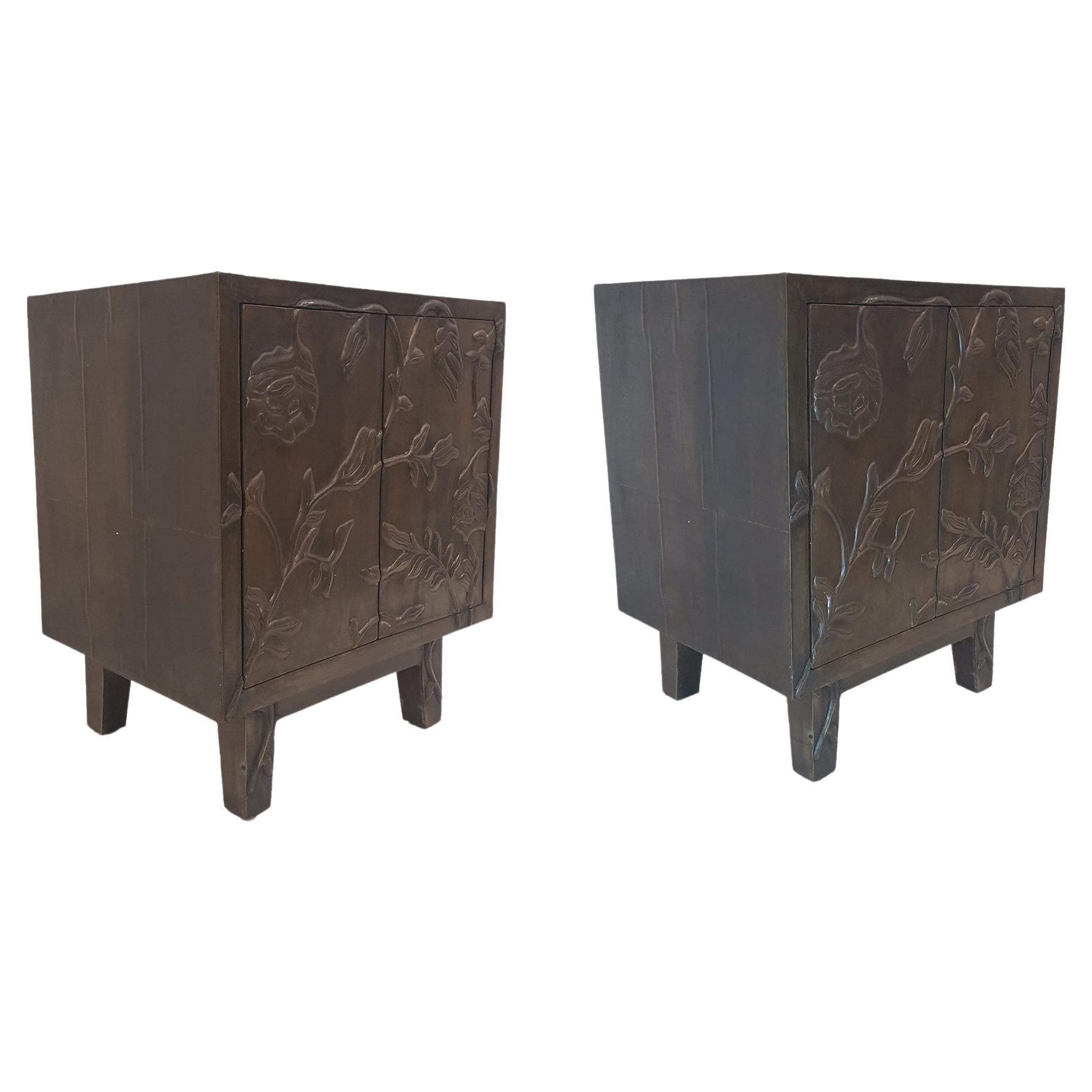 Set of Two Floral Nightstands Hand Hammered in Antiqued White Bronze