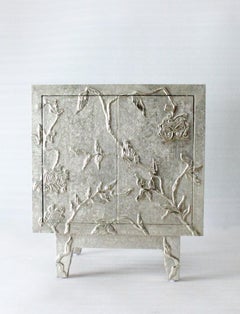 Set of Two Floral Nightstands Hand Hammered in White Bronze