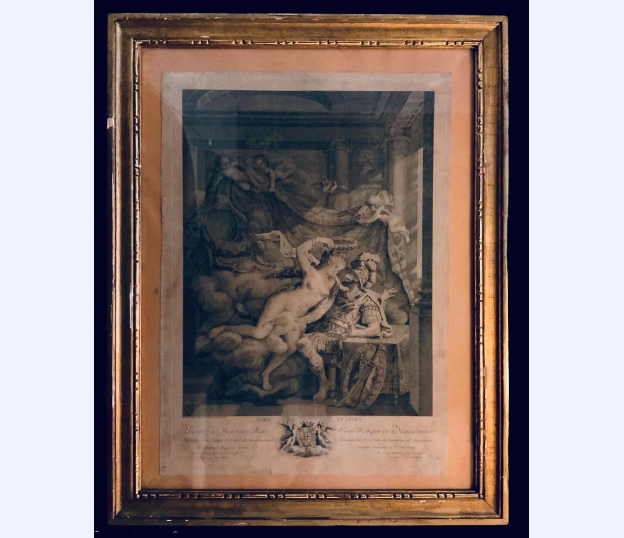 This is a set of two French engraved art print. One is titled “Mars et Venus” and it was presented to Monsieur Marc Rene-Marquis de Montalembert (July-1714-March-1800- He was a French Military and writer that was known for building fortifications).