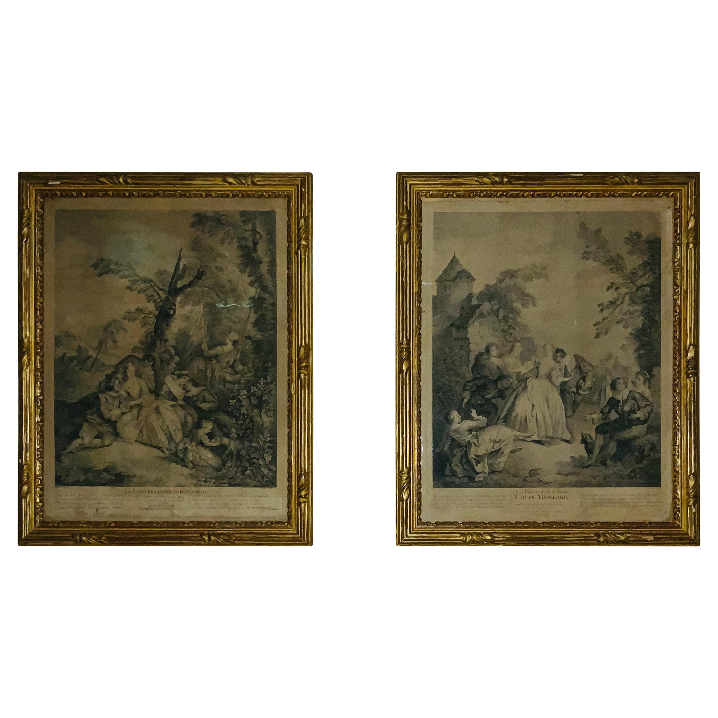 Set di due stampe d'arte francesi incise con cornice