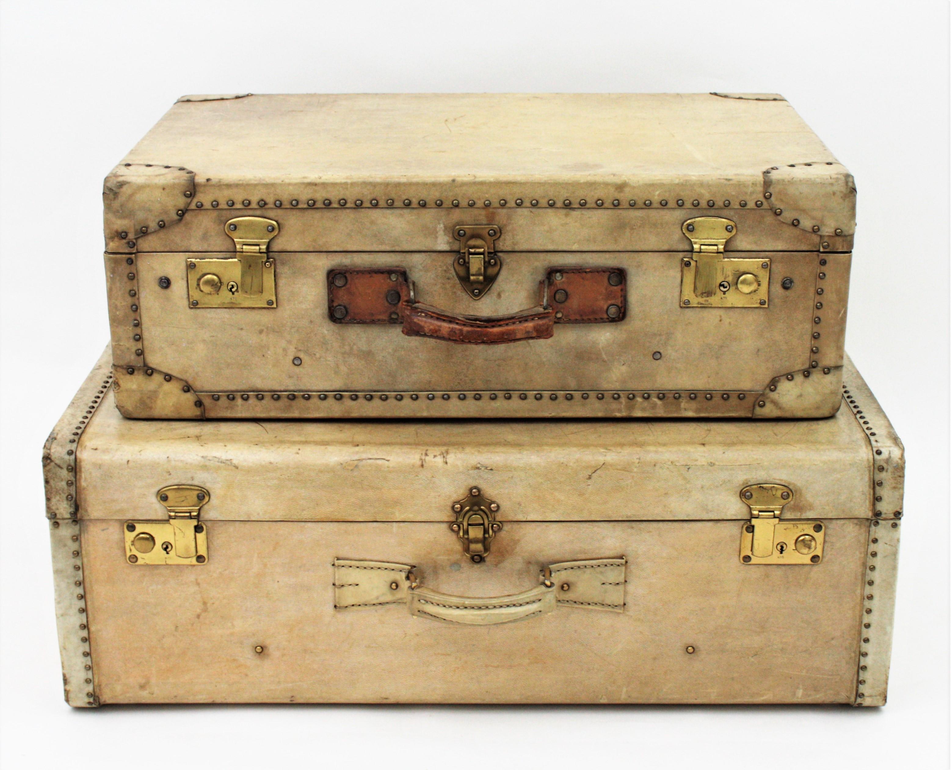 French Parchment / Vellum Suitcases as Side Table For Sale 4