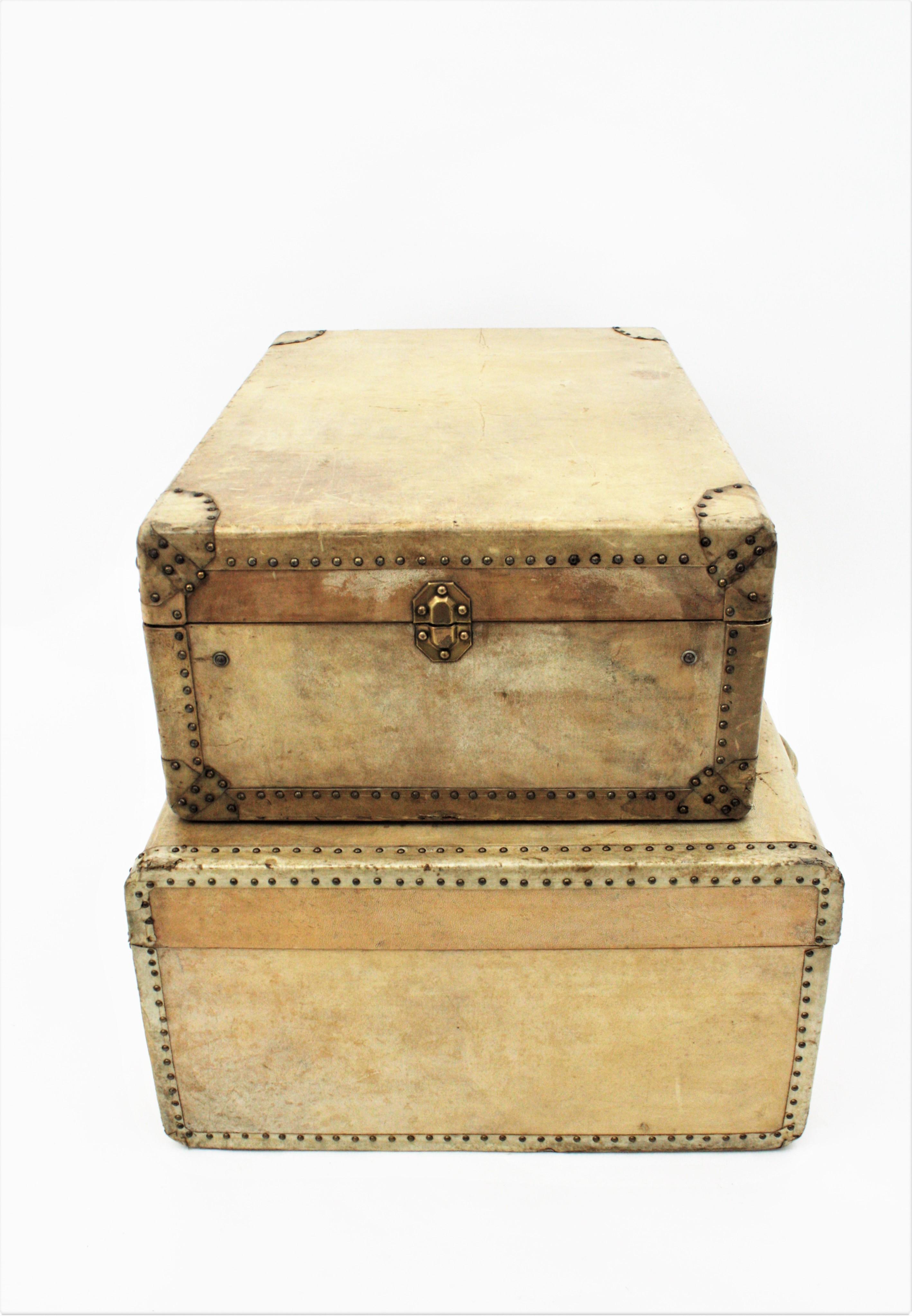 French Parchment / Vellum Suitcases as Side Table For Sale 5