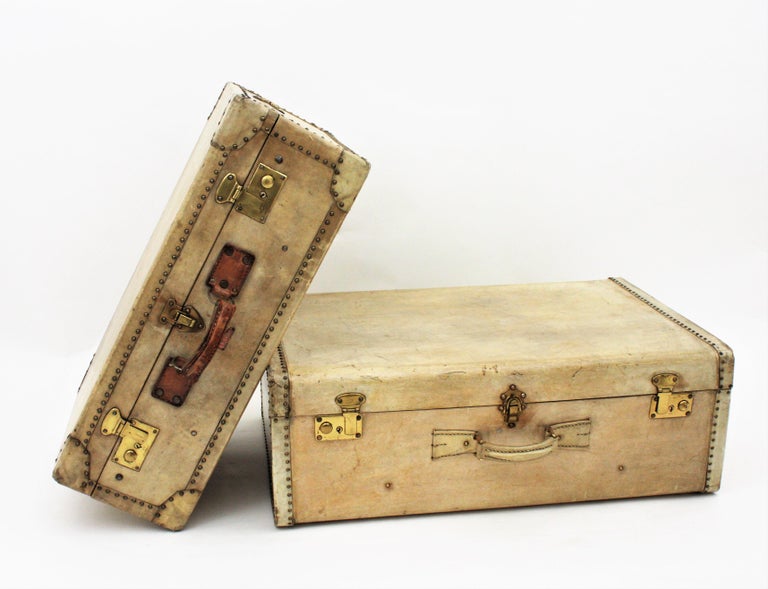 Unmatching Pair of French Suitcases in Vellum and Leather For Sale