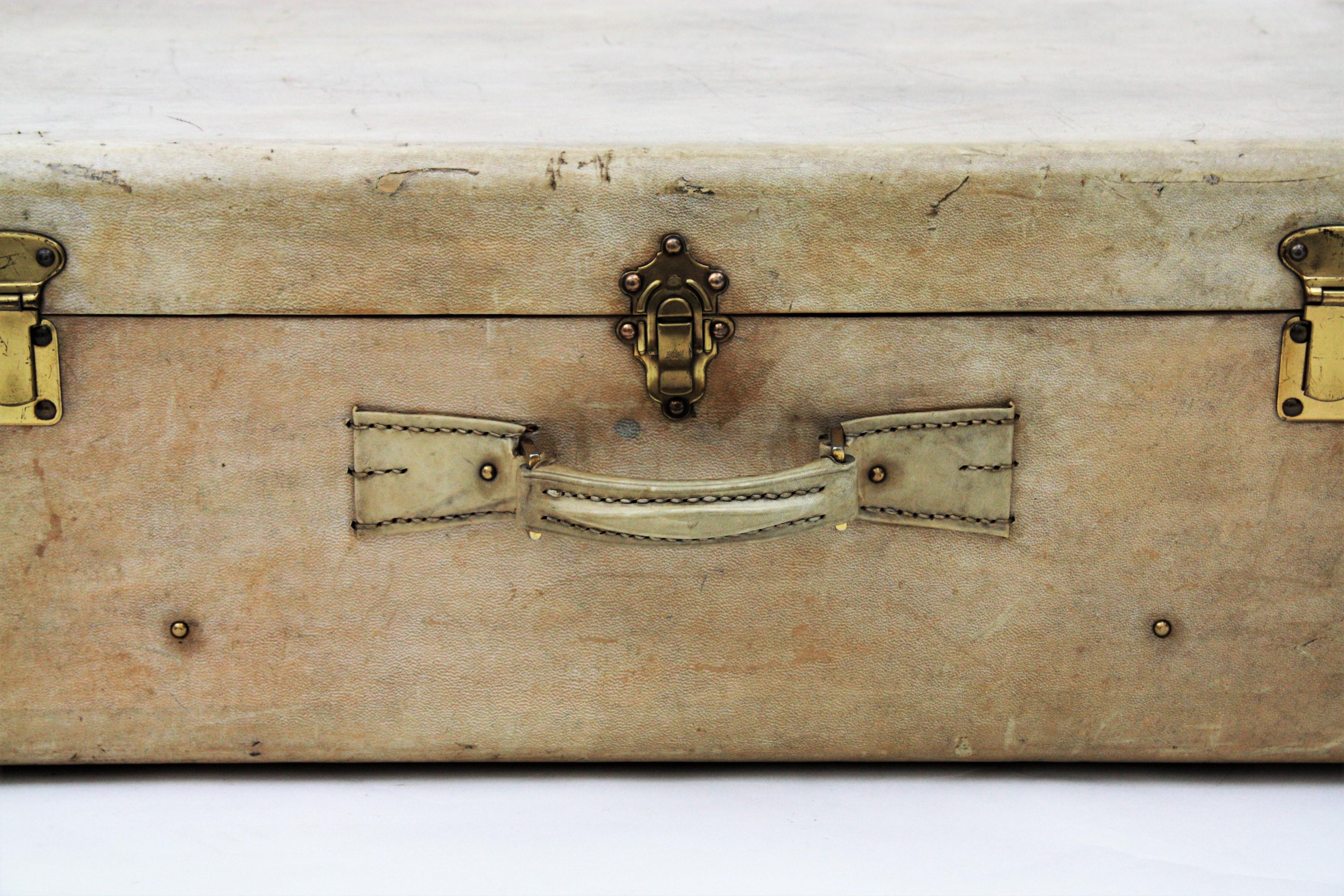 Brass French Parchment / Vellum Suitcases as Side Table For Sale