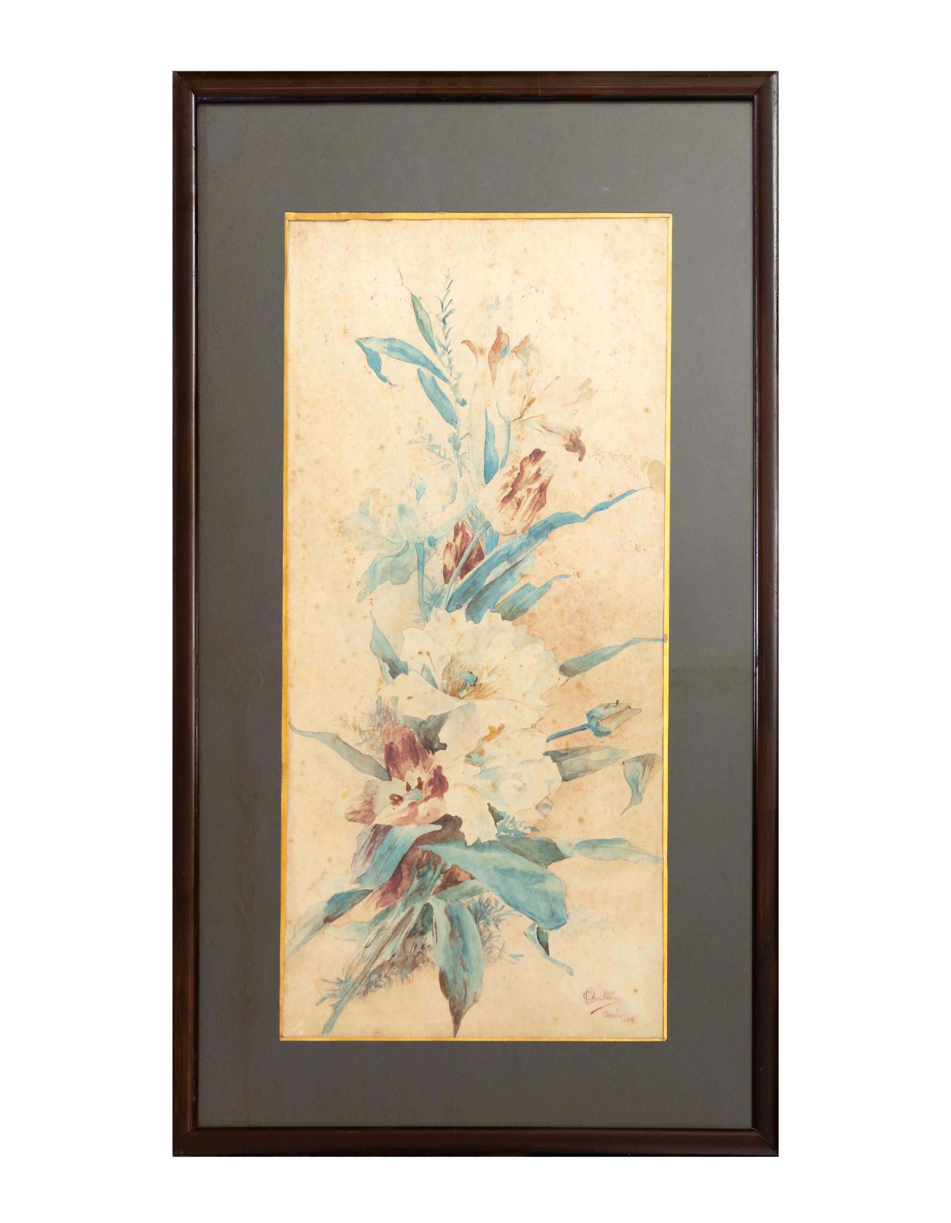 Set Of Two French Botanical Watercolors, 1909, 20th Century For Sale 2