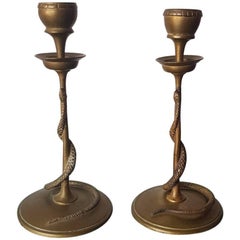 Antique Set of Two French Bronze Candlesticks with Snakes, 19th Century