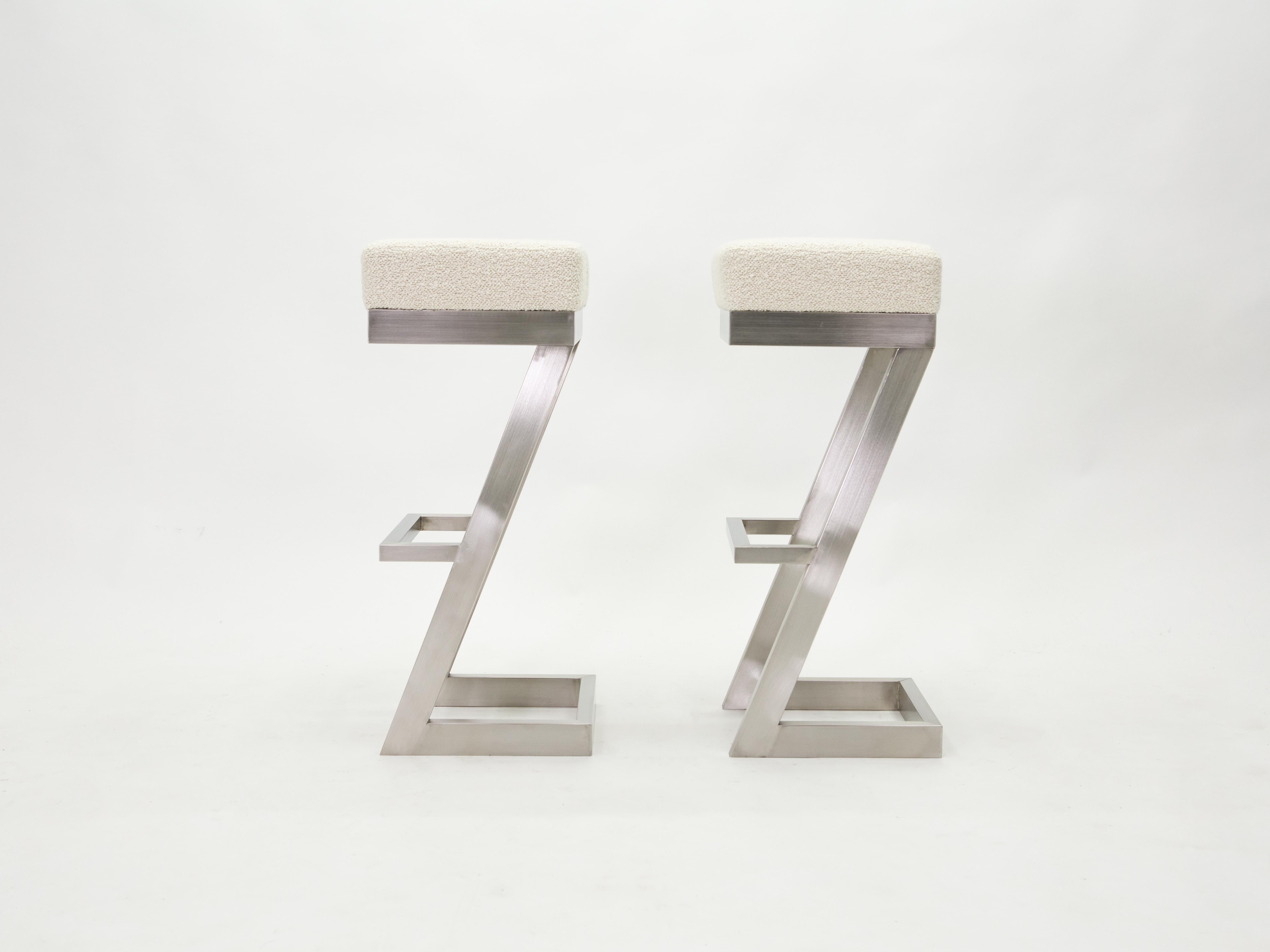 Set of Two French Brushed Steel Bouclé Bar Stools, 1970s 7