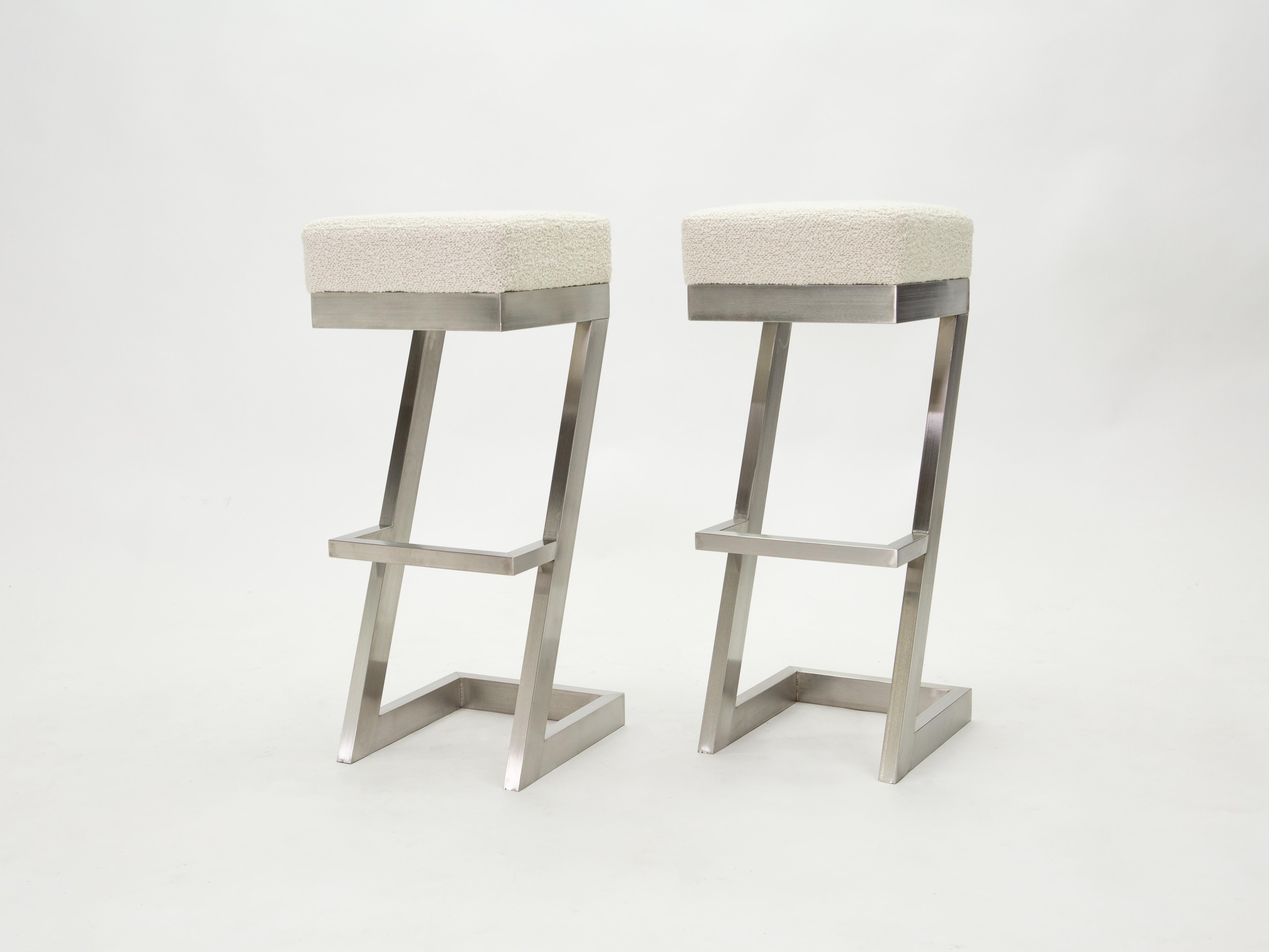 Set of Two French Brushed Steel Bouclé Bar Stools, 1970s 8