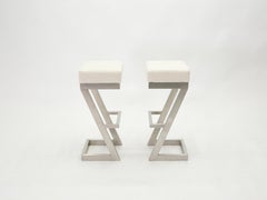 Set of Two French Brushed Steel Bouclé Bar Stools, 1970s
