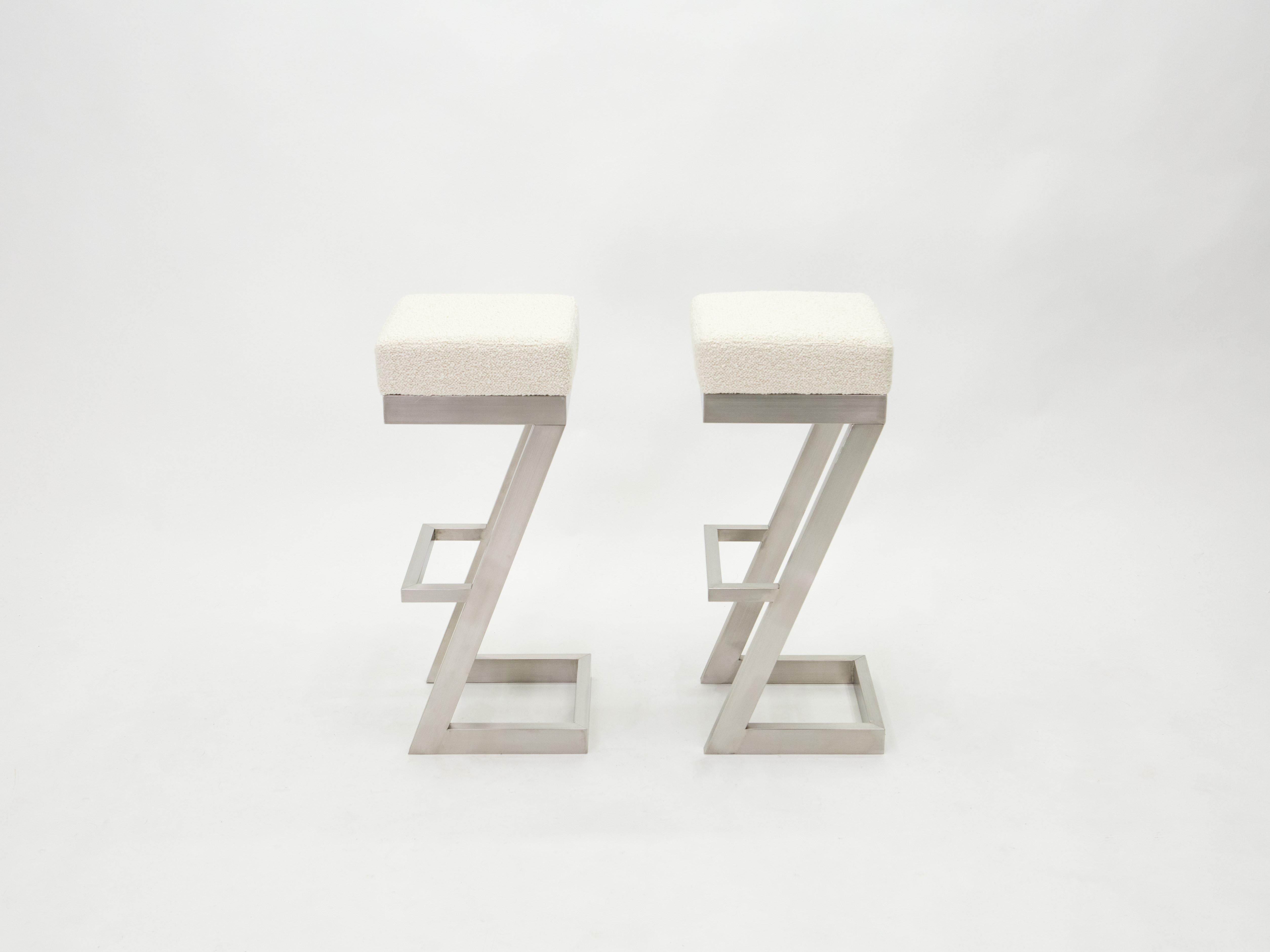 Mid-Century Modern Set of Two French Brushed Steel Bouclé Bar Stools, 1970s