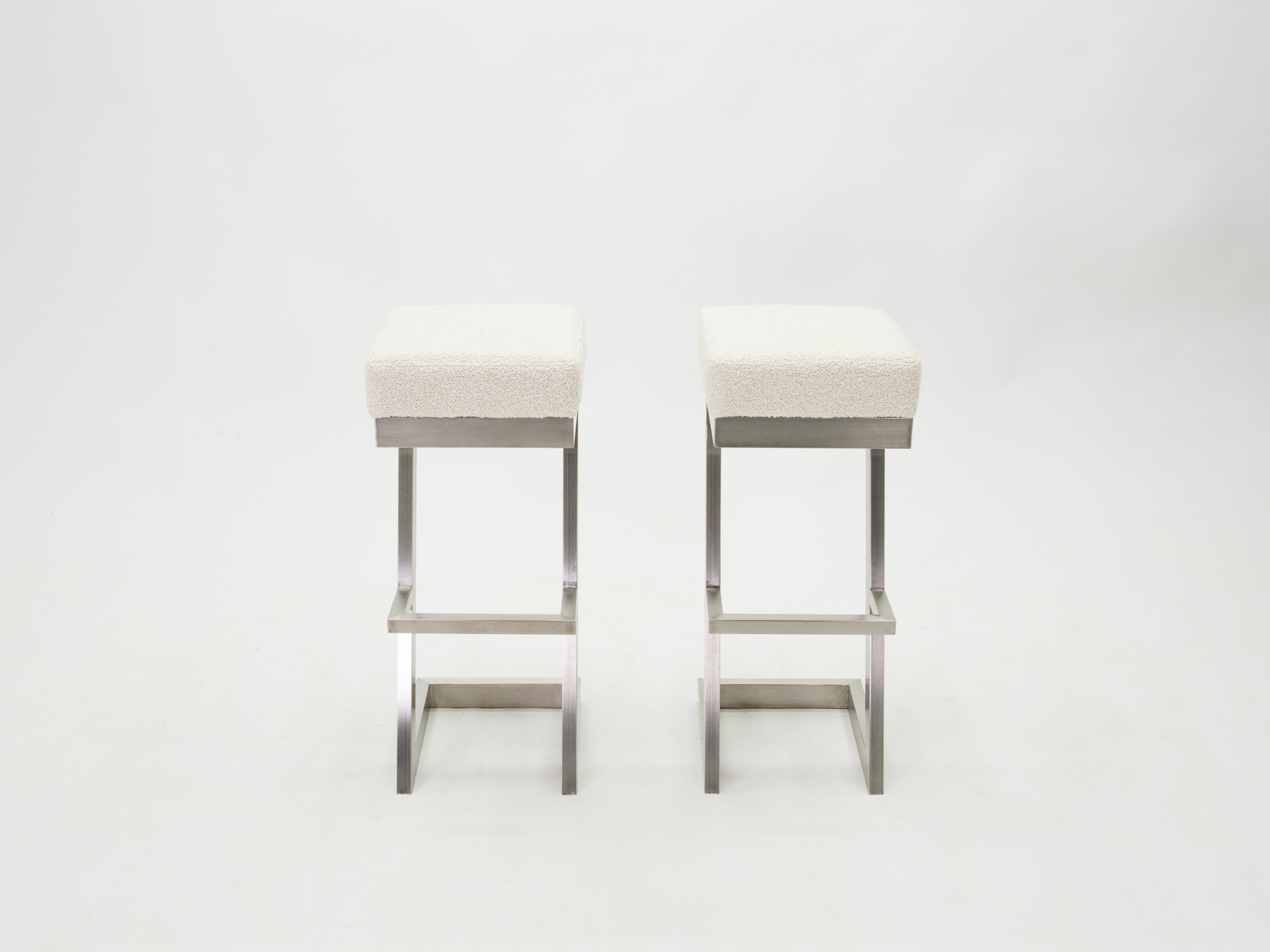 Set of Two French Brushed Steel Bouclé Bar Stools, 1970s In Good Condition In Paris, IDF