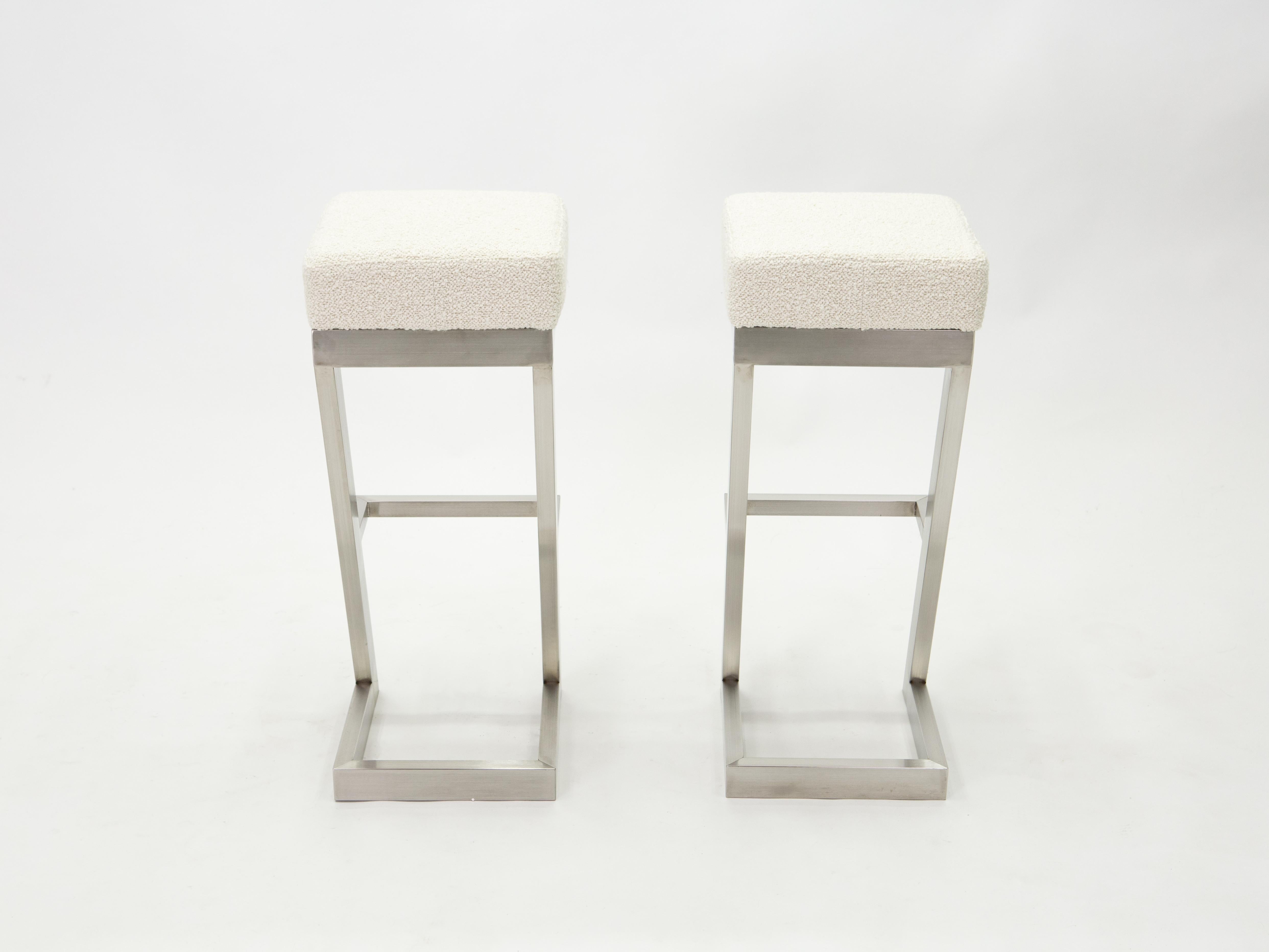 Set of Two French Brushed Steel Bouclé Bar Stools, 1970s 3