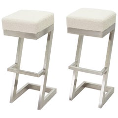 Vintage Set of Two French Brushed Steel Bouclé Bar Stools, 1970s