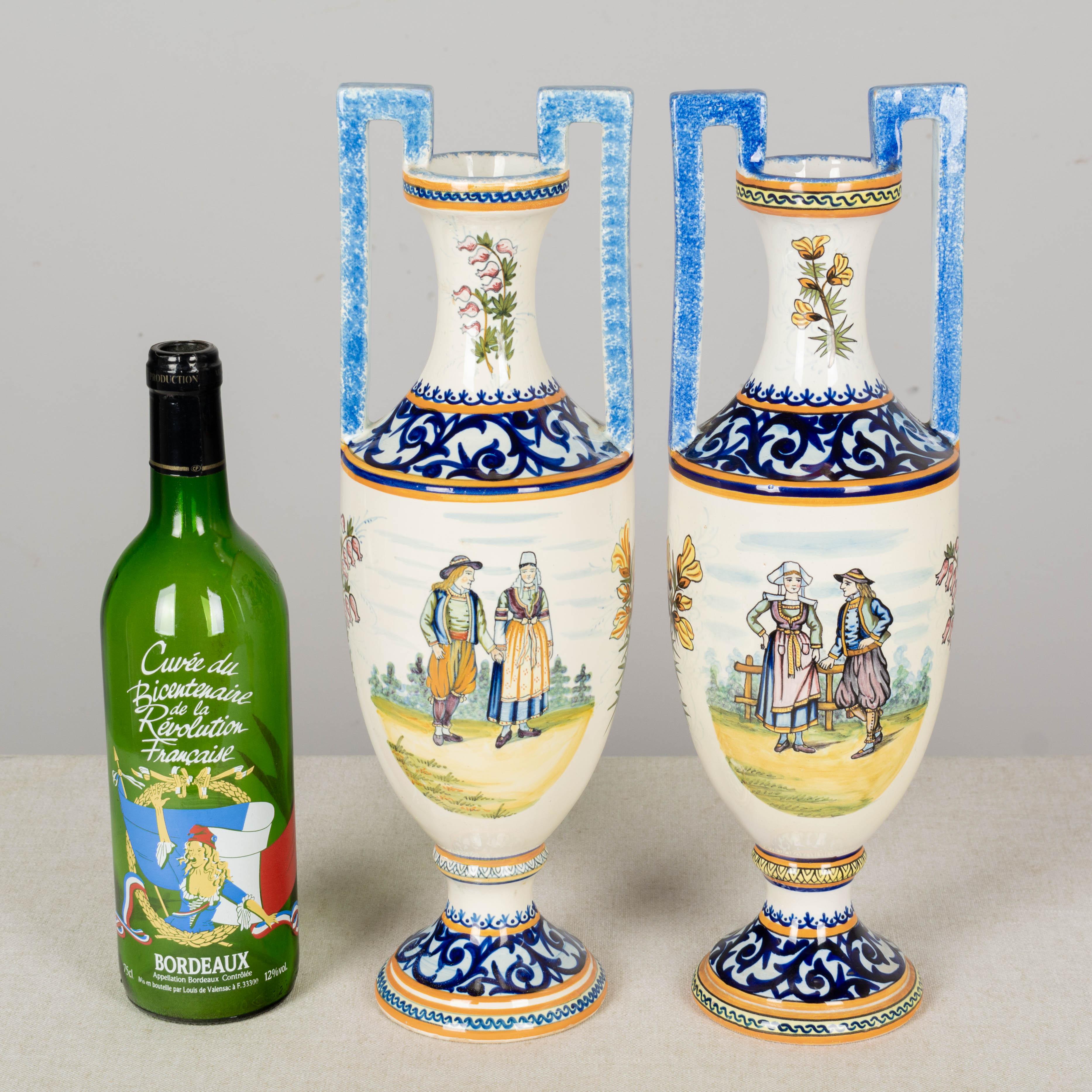 French Provincial Set of Two French Henriot Quimper Faience Vases