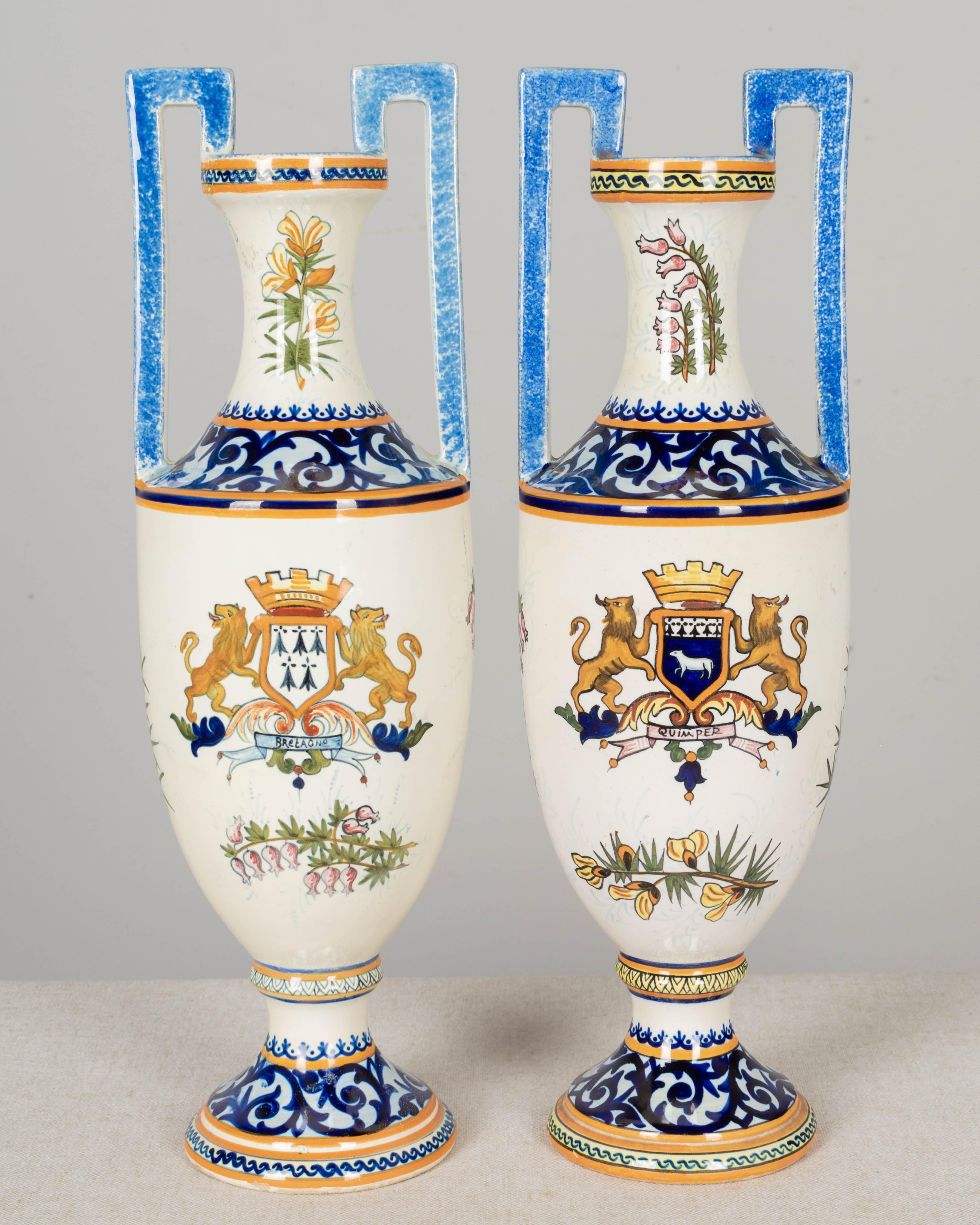 Hand-Painted Set of Two French Henriot Quimper Faience Vases