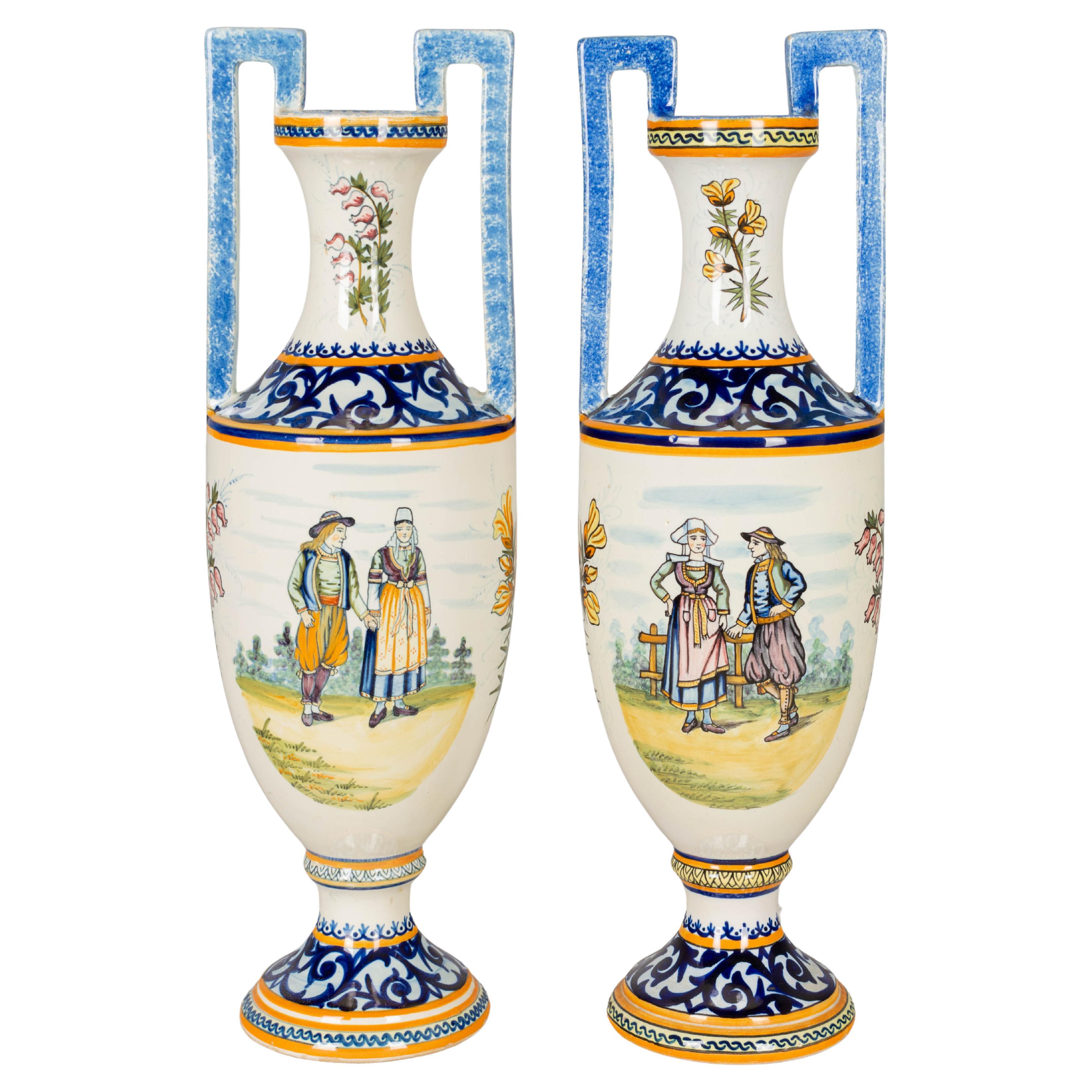 Set of Two French Henriot Quimper Faience Vases