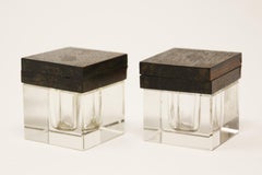 Art Deco Inkwells in Macassar Wood and Crystal, Jacques Adnet Style