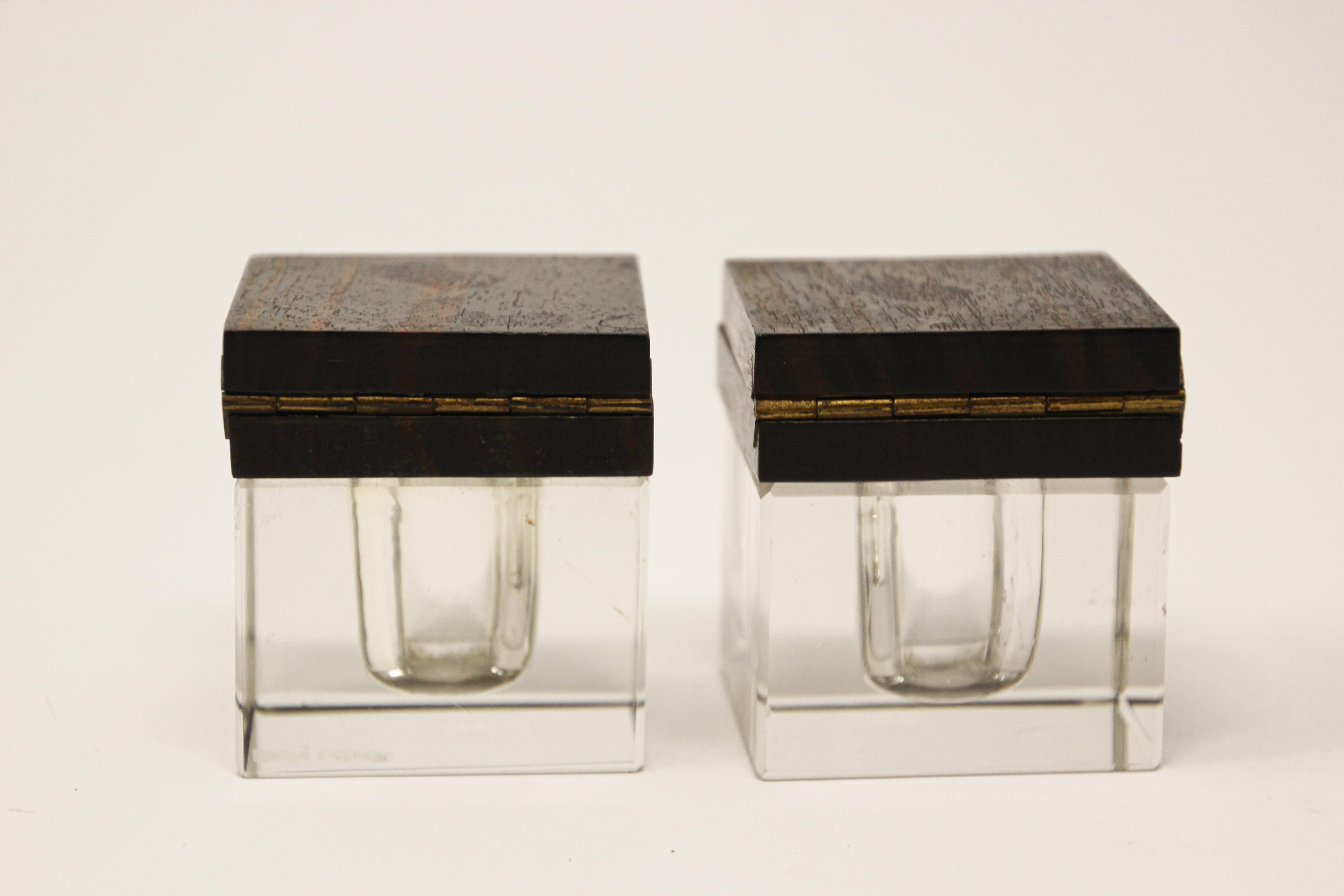 Art Deco Set of Two French Macassar Inkwells For Sale