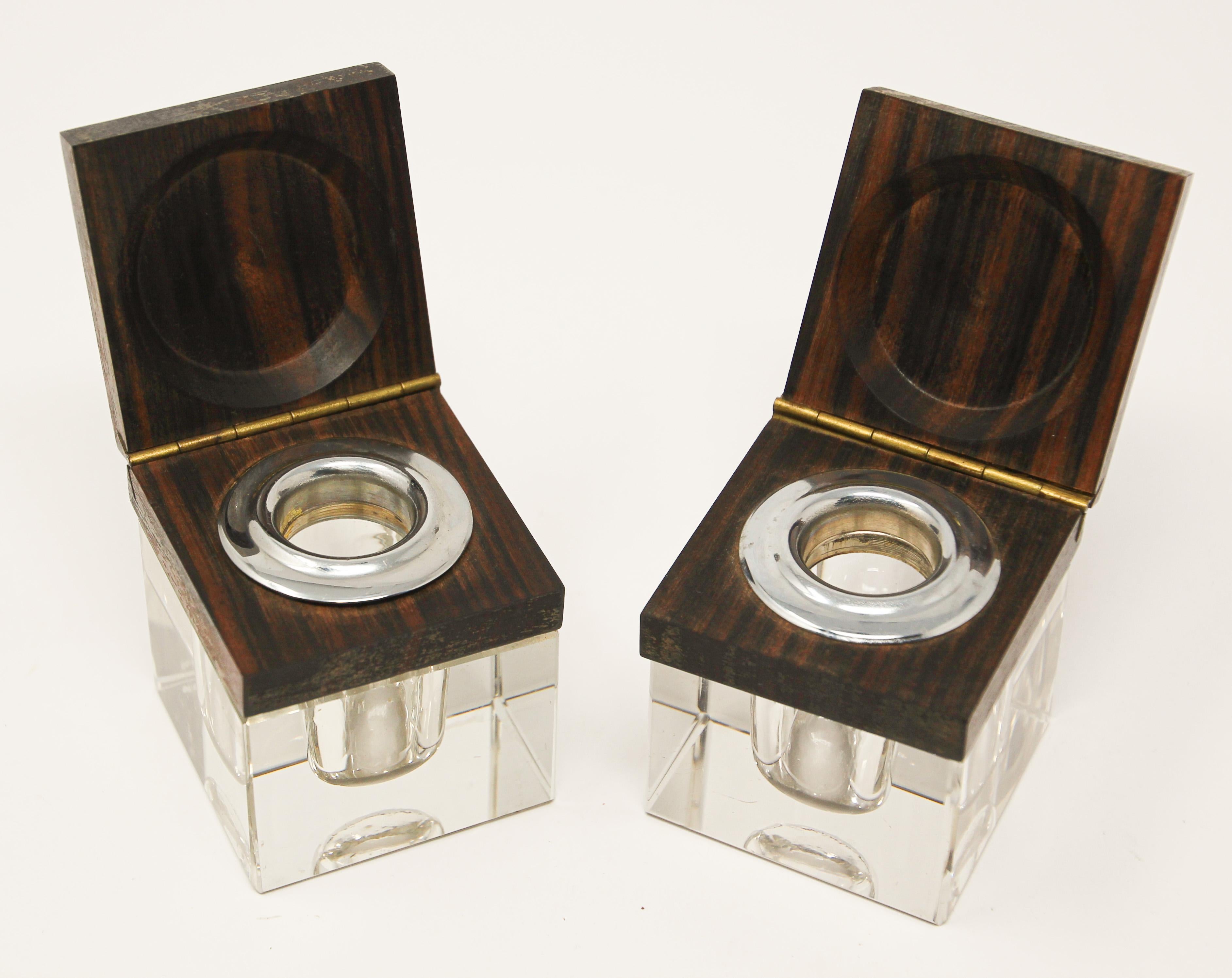 Hand-Crafted Set of Two French Macassar Inkwells For Sale