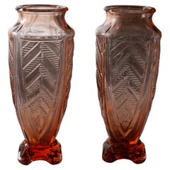 Set of Two French Pale Salmon/ Rosa Art Deco Vases with Geometric Motive