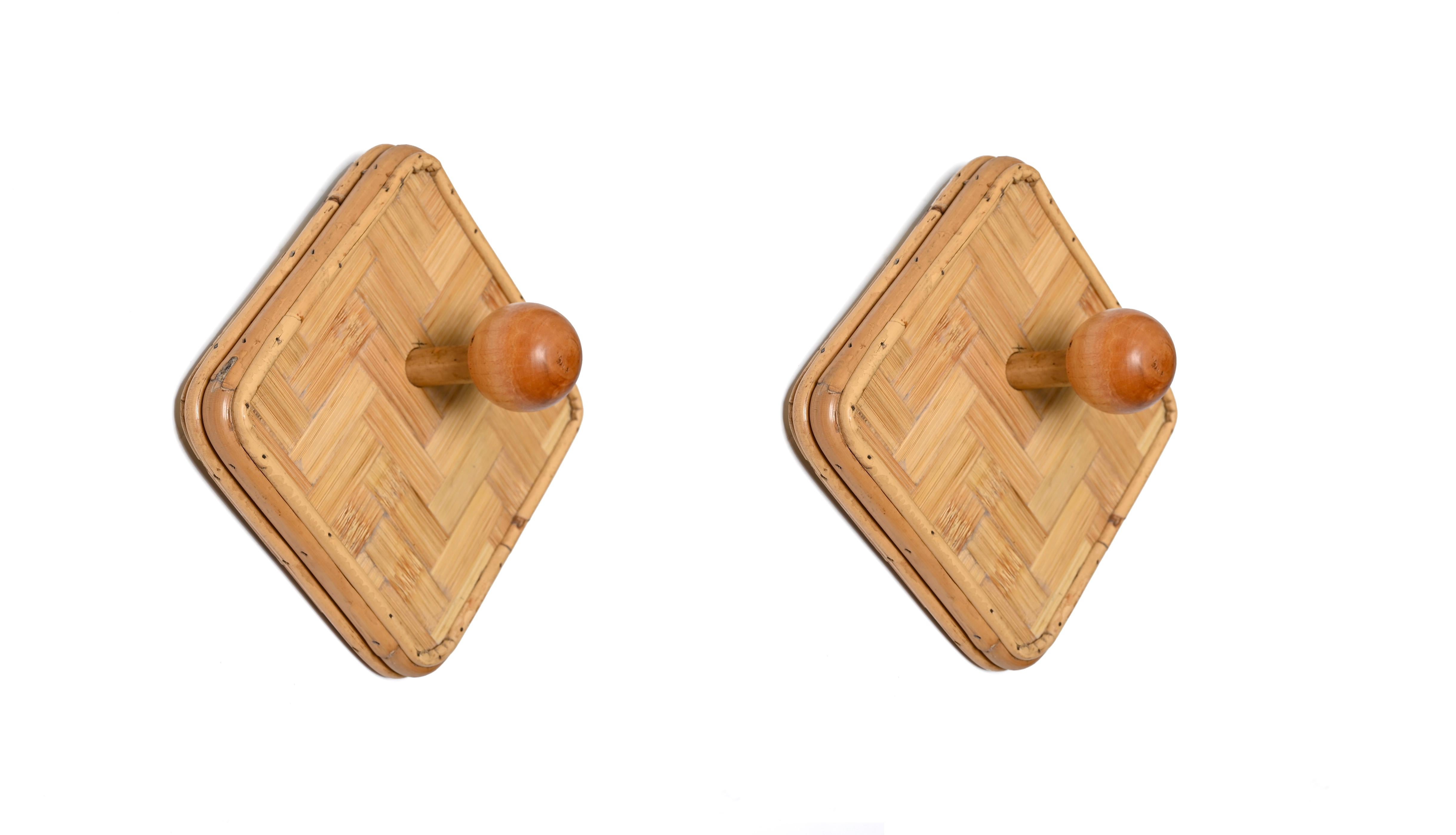 Set of Two French Riviera Coat Hooks in Rattan and Bamboo, Italy 1960s 5