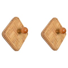 Set of Two French Riviera Coat Hooks in Rattan and Bamboo, Italy 1960s