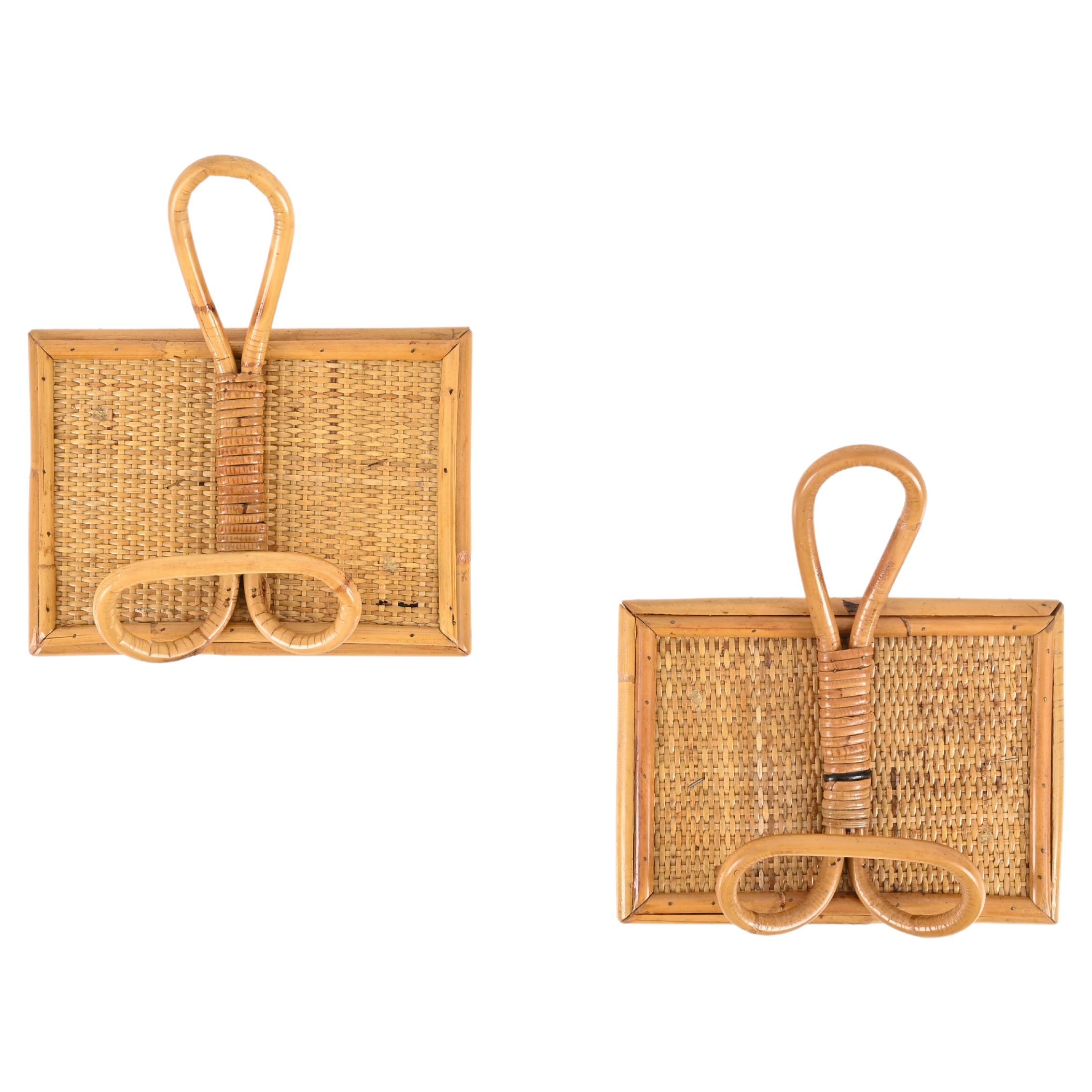 Set of Two French Riviera Coat Hooks in Rattan and Bamboo, Italy 1960s