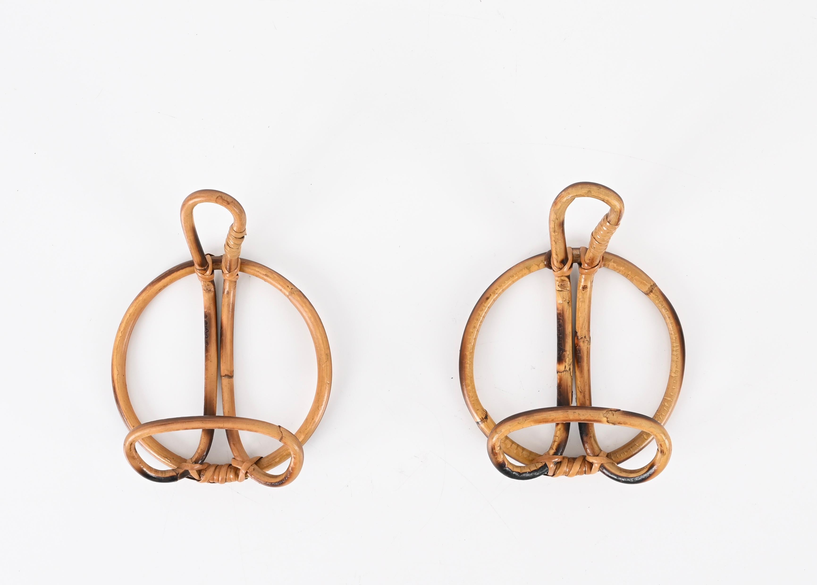 Set of Two French Riviera Round Coat Hooks in Rattan and Wicker, Italy 1960s 1
