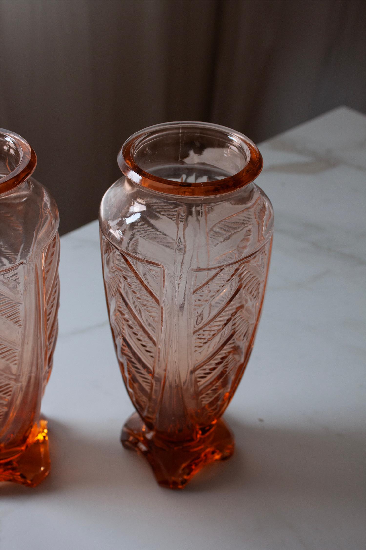 Crystal Set of Two French Rosa Art Deco Vases For Sale