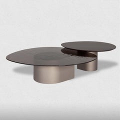 Set of Two Frosted Glass Low Tables with Custom Lacquered Metal Base