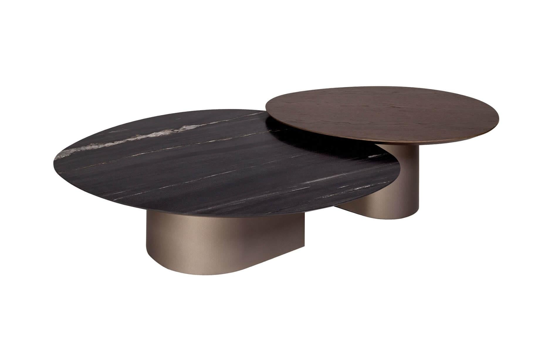 European Set of Two Frosted Glass Low Tables with Custom Lacquered Metal Base For Sale