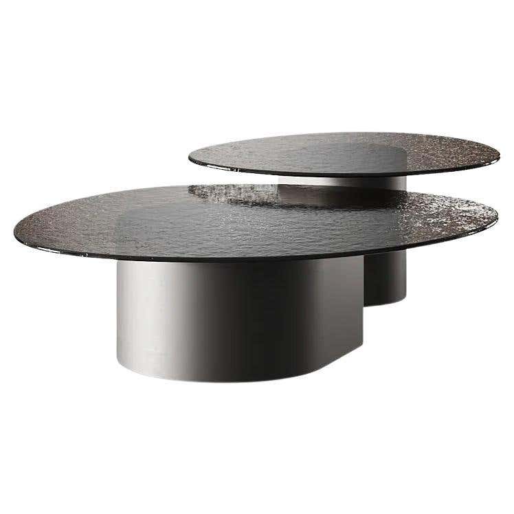 Set of Two Frosted Glass Low Tables with Custom Lacquered Metal Base ...