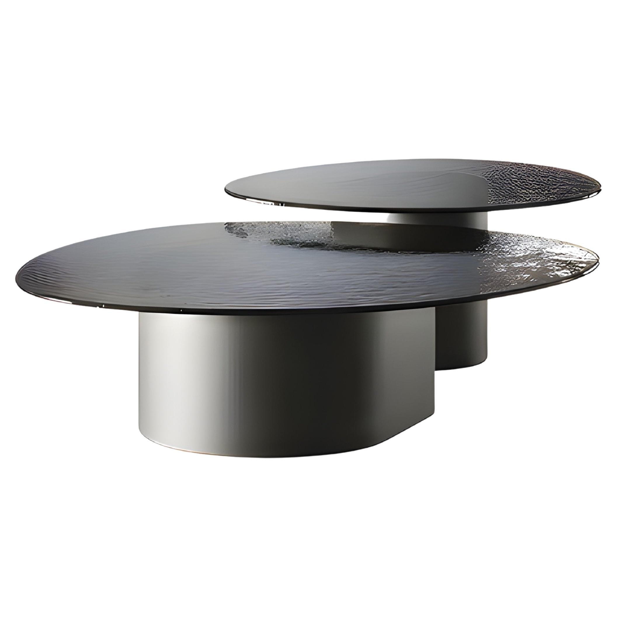 Set of Two Frosted Glass Low Tables with Custom Lacquered Metal Base For Sale