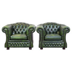 Set of two genuine English green cowhide leather Chesterfield armchairs