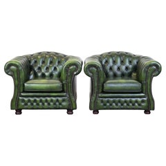 Vintage Set of two genuine English green cowhide leather Chesterfield armchairs