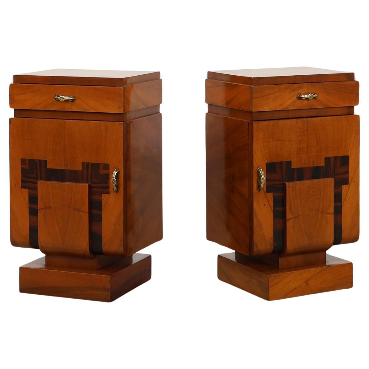 Set of Two Geometric Art Deco Wooden Nightstands, Italy 1920s