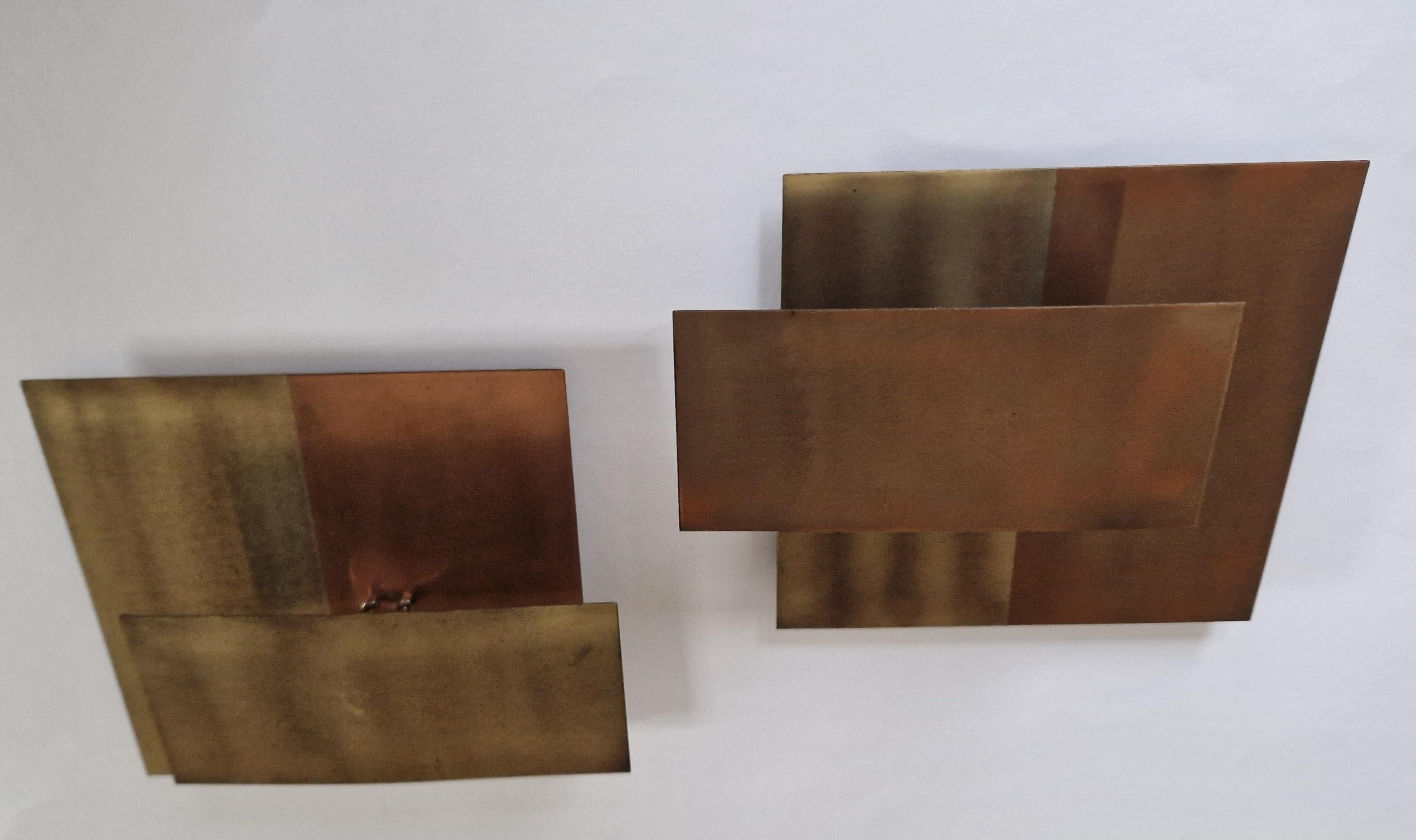Set of Two Geometric Brass Wall Candle Holders and Wall Geometric Relief, 1970s 4
