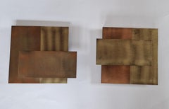Set of Two Geometric Brass Wall Candle Holders and Wall Geometric Relief, 1970s