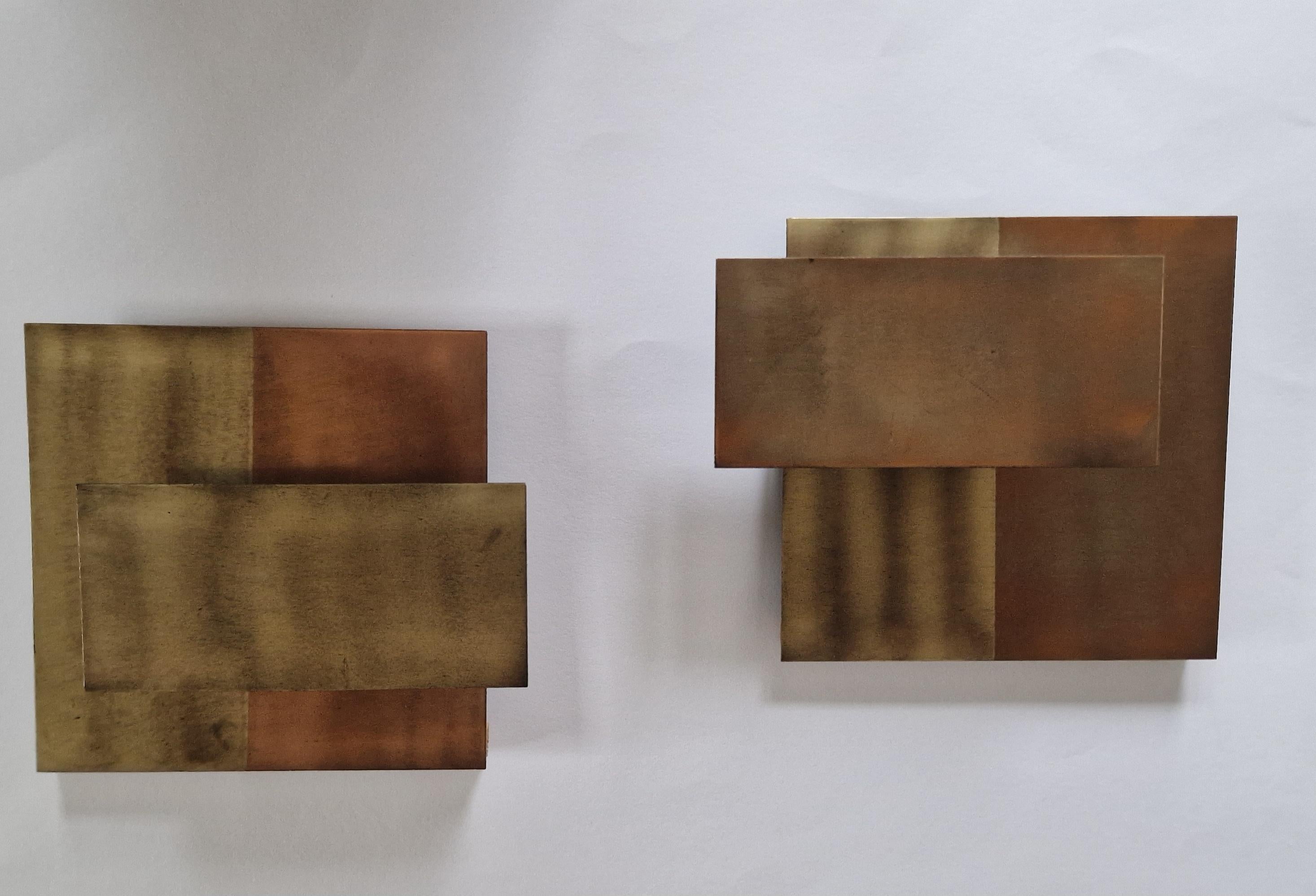 Set of Two Geometric Brass Wall Candle Holders and Wall Geometric Relief, 1970s In Good Condition In Praha, CZ