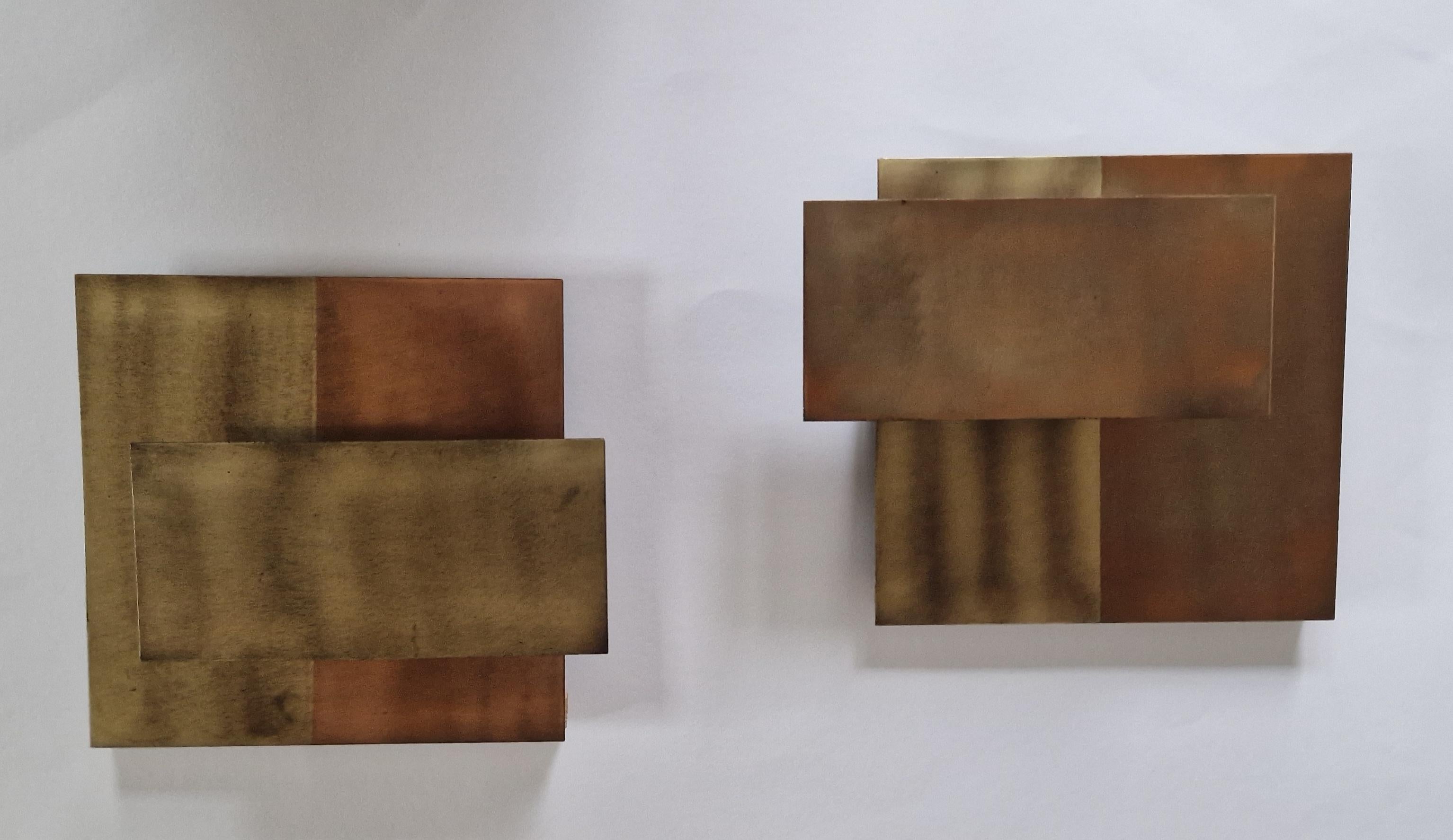 Late 20th Century Set of Two Geometric Brass Wall Candle Holders and Wall Geometric Relief, 1970s