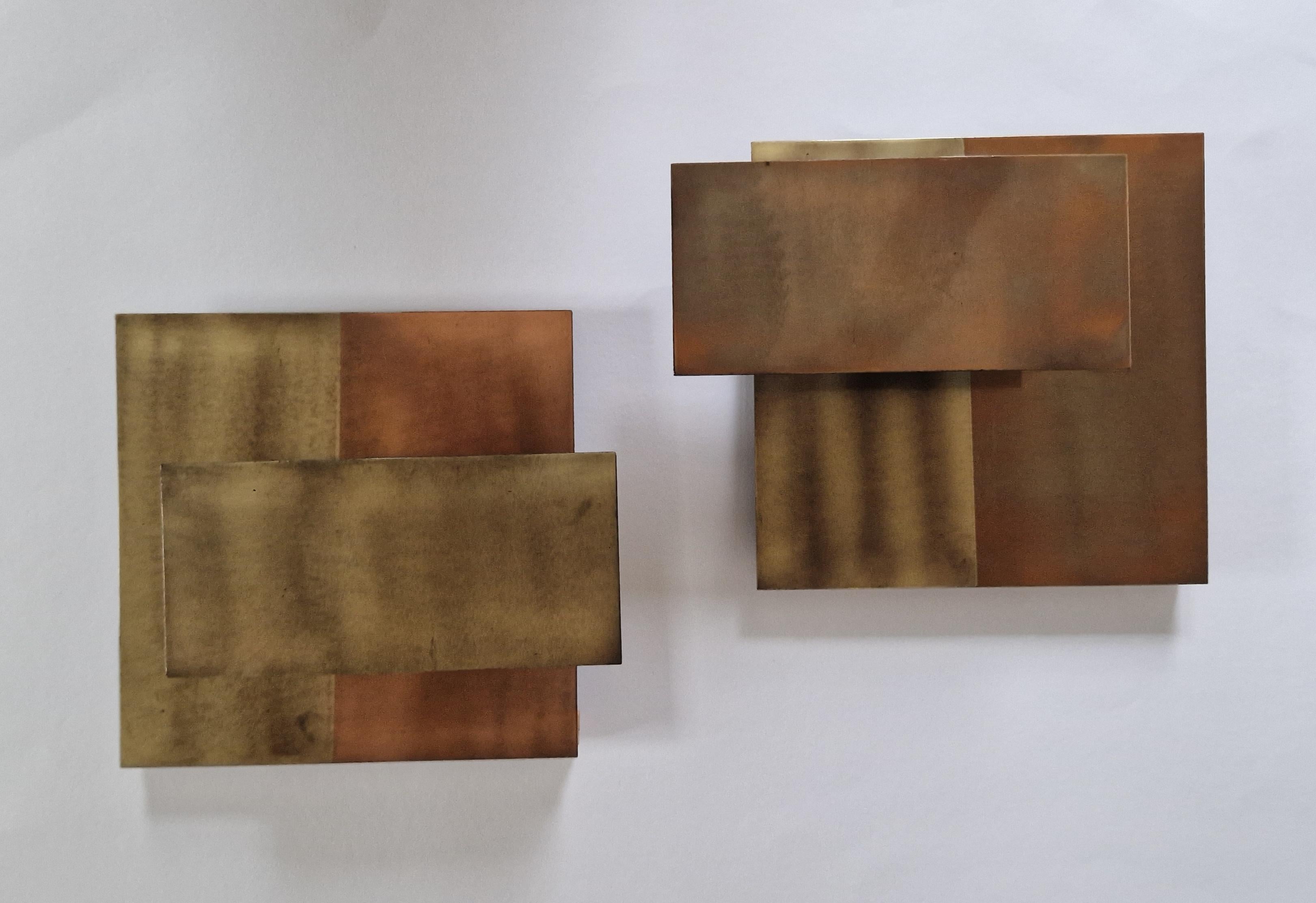 Set of Two Geometric Brass Wall Candle Holders and Wall Geometric Relief, 1970s 3